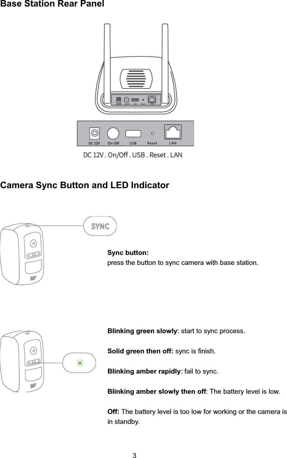 %DVH 6WDWLRQ 5HDU 3DQHO&amp;DPHUD 6\QF %XWWRQ DQG /(' ,QGLFDWRU6\QF EXWWRQSUHVV WKH EXWWRQ WR V\QF FDPHUD ZLWK EDVH VWDWLRQ%OLQNLQJ JUHHQ VORZO\ VWDUW WR V\QF SURFHVV6ROLG JUHHQ WKHQ RII V\QF LV ILQLVK%OLQNLQJ DPEHU UDSLGO\IDLOWRV\QF%OLQNLQJ DPEHU VORZO\ WKHQ RII 7KH EDWWHU\ OHYHO LV ORZ2II 7KH EDWWHU\ OHYHO LV WRR ORZ IRU ZRUNLQJ RU WKH FDPHUD LVLQ VWDQGE\