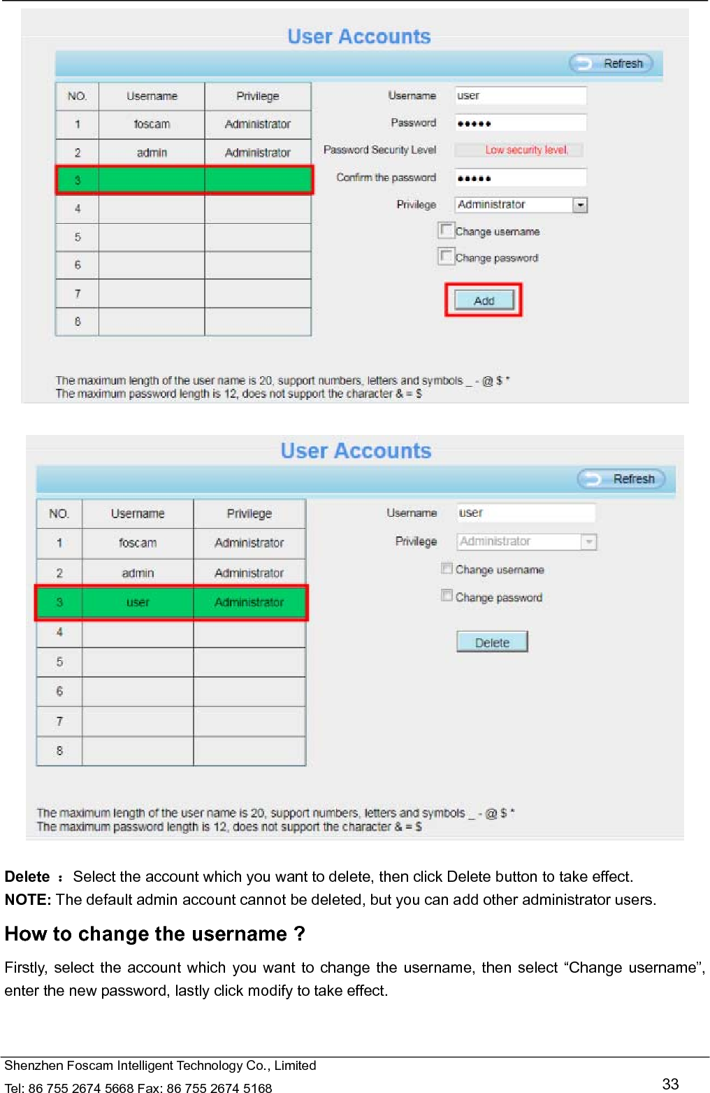   Shenzhen Foscam Intelligent Technology Co., Limited Tel: 86 755 2674 5668 Fax: 86 755 2674 5168   33     Delete  ：Select the account which you want to delete, then click Delete button to take effect. NOTE: The default admin account cannot be deleted, but you can add other administrator users. How to change the username ? Firstly, select the account which you want to change the username, then select &ldquo;Change username&rdquo;, enter the new password, lastly click modify to take effect. 