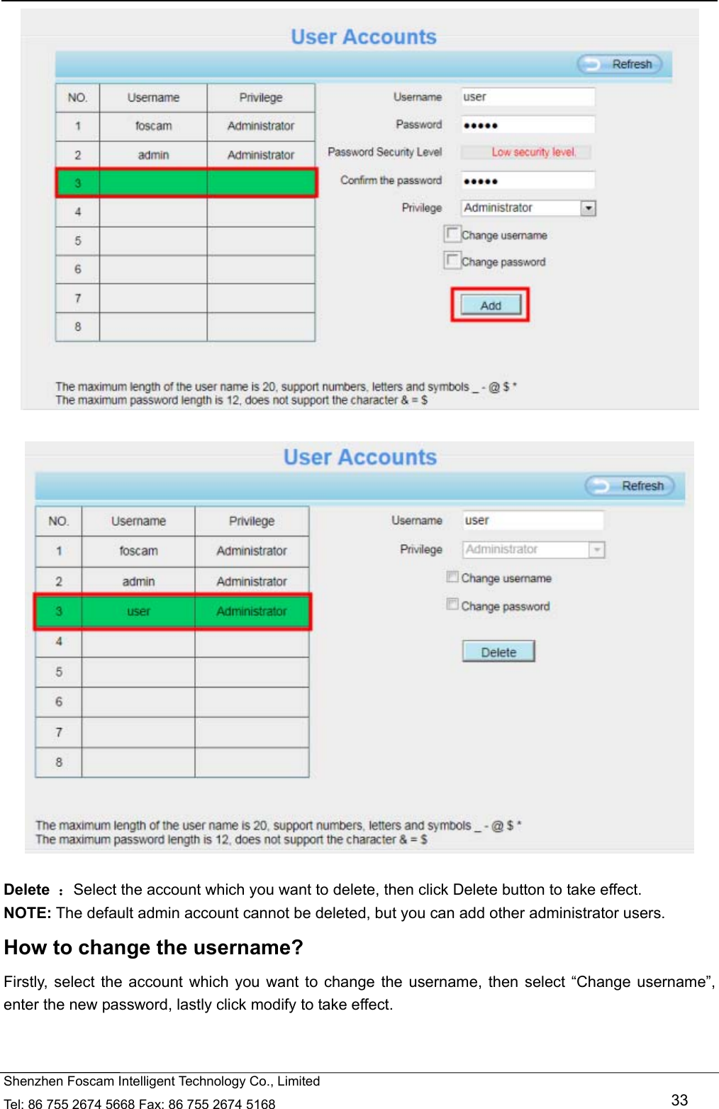   Shenzhen Foscam Intelligent Technology Co., Limited Tel: 86 755 2674 5668 Fax: 86 755 2674 5168   33     Delete  ：Select the account which you want to delete, then click Delete button to take effect. NOTE: The default admin account cannot be deleted, but you can add other administrator users. How to change the username? Firstly, select the account which you want to change the username, then select &ldquo;Change username&rdquo;, enter the new password, lastly click modify to take effect. 