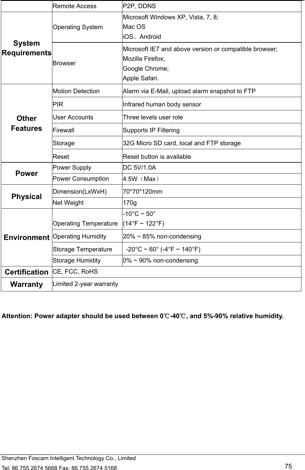   Shenzhen Foscam Intelligent Technology Co., Limited Tel: 86 755 2674 5668 Fax: 86 755 2674 5168   75 Remote Access  P2P, DDNS System Requirements Operating System Microsoft Windows XP, Vista, 7, 8; Mac OS iOS、Android Browser Microsoft IE7 and above version or compatible browser; Mozilla Firefox; Google Chrome; Apple Safari. Other Features Motion Detection  Alarm via E-Mail, upload alarm snapshot to FTP PIR  Infrared human body sensor User Accounts  Three levels user role Firewall  Supports IP Filtering Storage  32G Micro SD card, local and FTP storage Reset  Reset button is available Power  Power Supply  DC 5V/1.0A Power Consumption  4.5W（Max） Physical  Dimension(LxWxH) 70*70*120mm Net Weight  170g Environment Operating Temperature -10&deg;C ~ 50&deg;   (14&deg;F ~ 122&deg;F) Operating Humidity  20% ~ 85% non-condensing Storage Temperature    -20&deg;C ~ 60&deg; (-4&deg;F ~ 140&deg;F) Storage Humidity  0% ~ 90% non-condensing Certification  CE, FCC, RoHS Warranty  Limited 2-year warranty   Attention: Power adapter should be used between 0℃-40 , and 5%℃-90% relative humidity.              