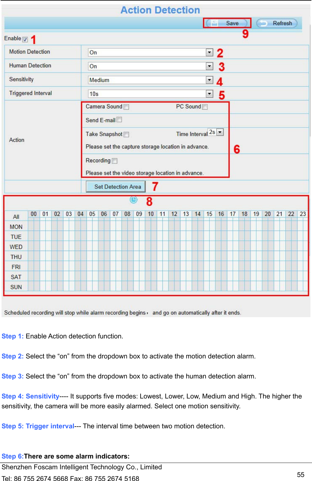   Shenzhen Foscam Intelligent Technology Co., Limited Tel: 86 755 2674 5668 Fax: 86 755 2674 5168   55  Step 1: Enable Action detection function.  Step 2: Select the &ldquo;on&rdquo; from the dropdown box to activate the motion detection alarm.    Step 3: Select the &ldquo;on&rdquo; from the dropdown box to activate the human detection alarm.    Step 4: Sensitivity---- It supports five modes: Lowest, Lower, Low, Medium and High. The higher the sensitivity, the camera will be more easily alarmed. Select one motion sensitivity.  Step 5: Trigger interval--- The interval time between two motion detection.     Step 6:There are some alarm indicators: 