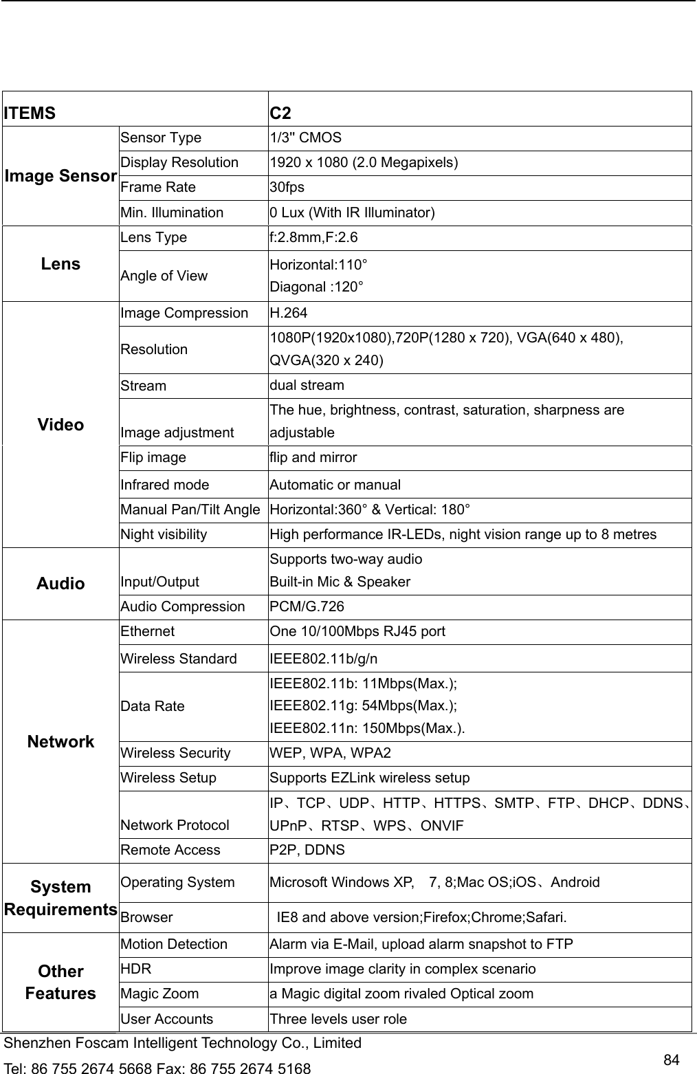   Shenzhen Foscam Intelligent Technology Co., Limited Tel: 86 755 2674 5668 Fax: 86 755 2674 5168   84    ITEMS C2 Image Sensor Sensor Type  1/3'' CMOS Display Resolution  1920 x 1080 (2.0 Megapixels) Frame Rate  30fps Min. Illumination  0 Lux (With IR Illuminator) Lens Lens Type  f:2.8mm,F:2.6 Angle of View  Horizontal:110&deg; Diagonal :120&deg; Video Image Compression  H.264 Resolution  1080P(1920x1080),720P(1280 x 720), VGA(640 x 480), QVGA(320 x 240) Stream  dual stream Image adjustment The hue, brightness, contrast, saturation, sharpness are adjustable Flip image  flip and mirror Infrared mode  Automatic or manual Manual Pan/Tilt Angle  Horizontal:360&deg; &amp; Vertical: 180&deg; Night visibility  High performance IR-LEDs, night vision range up to 8 metres Audio  Input/Output Supports two-way audio Built-in Mic &amp; Speaker Audio Compression  PCM/G.726 Network Ethernet  One 10/100Mbps RJ45 port Wireless Standard  IEEE802.11b/g/n Data Rate IEEE802.11b: 11Mbps(Max.); IEEE802.11g: 54Mbps(Max.); IEEE802.11n: 150Mbps(Max.). Wireless Security  WEP, WPA, WPA2 Wireless Setup  Supports EZLink wireless setup   Network Protocol IP、TCP、UDP、HTTP、HTTPS、SMTP、FTP、DHCP、DDNS、UPnP、RTSP、WPS、ONVIF Remote Access  P2P, DDNS System Requirements Operating System  Microsoft Windows XP,    7, 8;Mac OS;iOS、Android Browser    IE8 and above version;Firefox;Chrome;Safari. Other Features Motion Detection  Alarm via E-Mail, upload alarm snapshot to FTP HDR  Improve image clarity in complex scenario Magic Zoom  a Magic digital zoom rivaled Optical zoom User Accounts  Three levels user role 