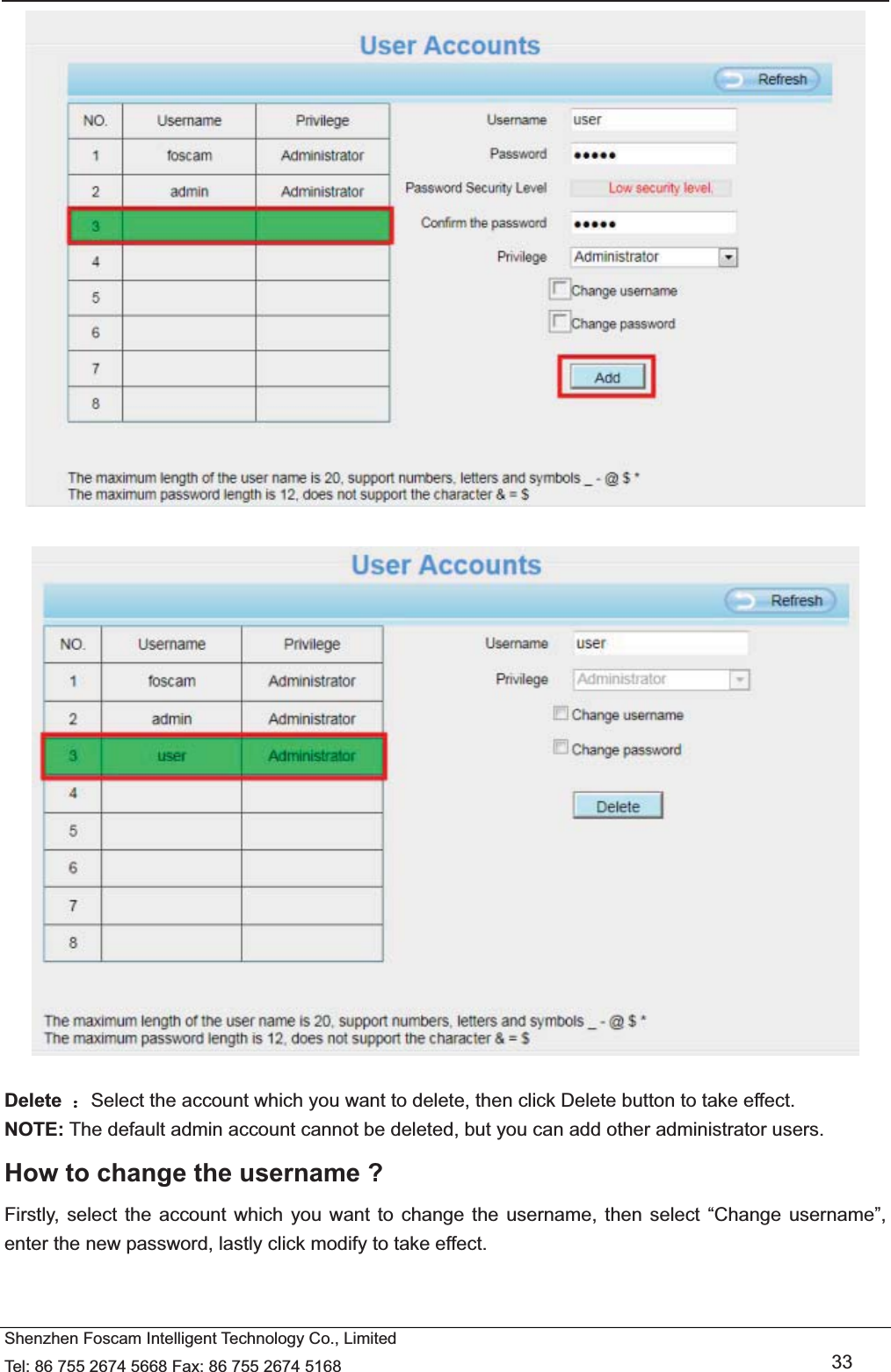   Shenzhen Foscam Intelligent Technology Co., Limited Tel: 86 755 2674 5668 Fax: 86 755 2674 5168   33     Delete ˖Select the account which you want to delete, then click Delete button to take effect. NOTE: The default admin account cannot be deleted, but you can add other administrator users. How to change the username ? Firstly, select the account which you want to change the username, then select &ldquo;Change username&rdquo;, enter the new password, lastly click modify to take effect. 