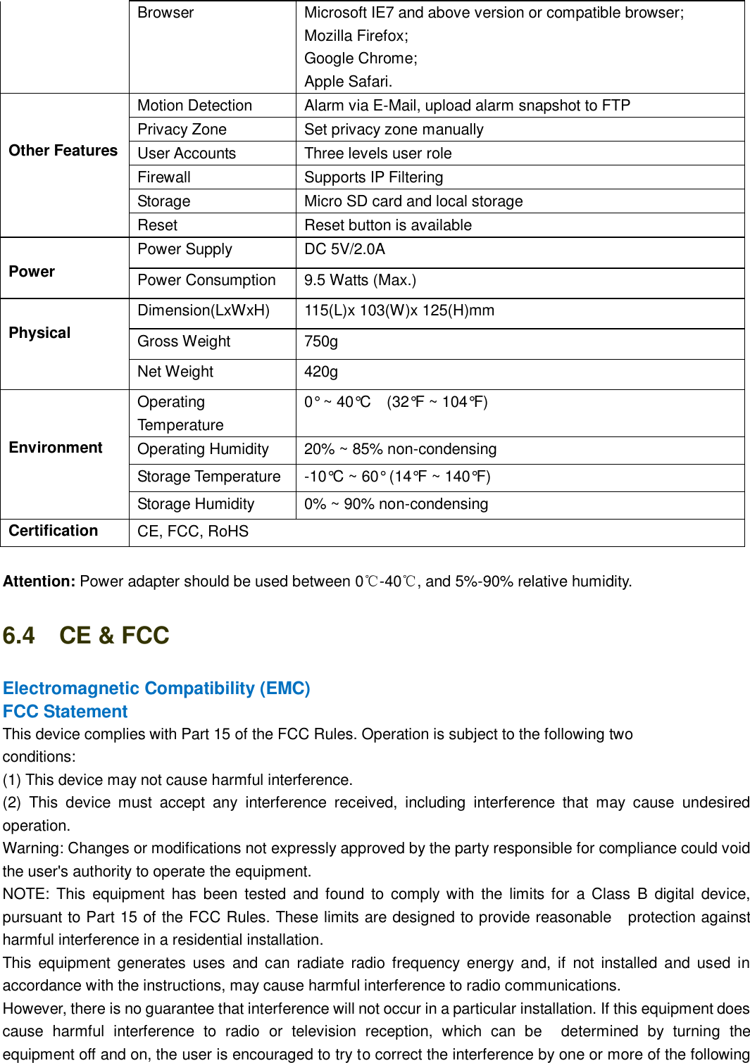                                                        93   93 Browser Microsoft IE7 and above version or compatible browser; Mozilla Firefox; Google Chrome; Apple Safari.   Other Features Motion Detection Alarm via E-Mail, upload alarm snapshot to FTP Privacy Zone Set privacy zone manually User Accounts Three levels user role Firewall Supports IP Filtering Storage Micro SD card and local storage Reset Reset button is available  Power Power Supply DC 5V/2.0A Power Consumption 9.5 Watts (Max.)  Physical Dimension(LxWxH) 115(L)x 103(W)x 125(H)mm Gross Weight 750g Net Weight 420g   Environment Operating Temperature 0&deg; ~ 40&deg;C    (32&deg;F ~ 104&deg;F) Operating Humidity 20% ~ 85% non-condensing Storage Temperature -10&deg;C ~ 60&deg; (14&deg;F ~ 140&deg;F) Storage Humidity 0% ~ 90% non-condensing Certification CE, FCC, RoHS  Attention: Power adapter should be used between 0℃-40℃, and 5%-90% relative humidity. 6.4    CE &amp; FCC Electromagnetic Compatibility (EMC) FCC Statement This device complies with Part 15 of the FCC Rules. Operation is subject to the following two   conditions:   (1) This device may not cause harmful interference.   (2)  This  device  must  accept  any  interference  received,  including  interference  that  may  cause  undesired operation.   Warning: Changes or modifications not expressly approved by the party responsible for compliance could void the user's authority to operate the equipment.   NOTE:  This  equipment  has  been  tested  and  found  to  comply with  the  limits for  a Class  B  digital  device, pursuant to Part 15 of the FCC Rules. These limits are designed to provide reasonable    protection against harmful interference in a residential installation. This  equipment  generates  uses  and  can  radiate  radio  frequency  energy  and,  if  not  installed  and  used  in accordance with the instructions, may cause harmful interference to radio communications.   However, there is no guarantee that interference will not occur in a particular installation. If this equipment does cause  harmful  interference  to  radio  or  television  reception,  which  can  be    determined  by  turning  the equipment off and on, the user is encouraged to try to correct the interference by one or more of the following 