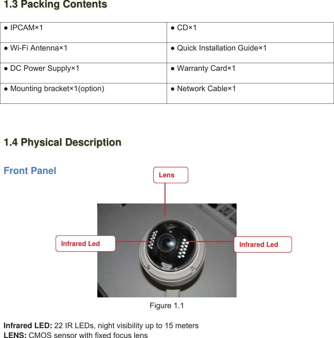 4wwww.foscam.coww.foscam.commShenzhenShenzhen FoscamFoscam IntelligentIntelligent TechnologyTechnology Co.,Co., LimitedLimitedTel:Tel: 8686 755755 26742674 56685668 Fax:Fax: 8686 755755 26742674 51685168 41.31.3 PackingPacking ContentsContents●IPCAM&times;1 ●CD&times;1●Wi-Fi Antenna&times;1 ●Quick Installation Guide&times;1●DC Power Supply&times;1 ●Warranty Card&times;1●Mounting bracket&times;1(option) ●Network Cable&times;11.41.4 PhysicalPhysical DescriptionDescriptionFront PanelFigure 1.1Infrared LED: 22 IR LEDs, night visibility up to 15 metersLENS: CMOS sensor with fixed focus lensInfrared LedLensInfrared Led