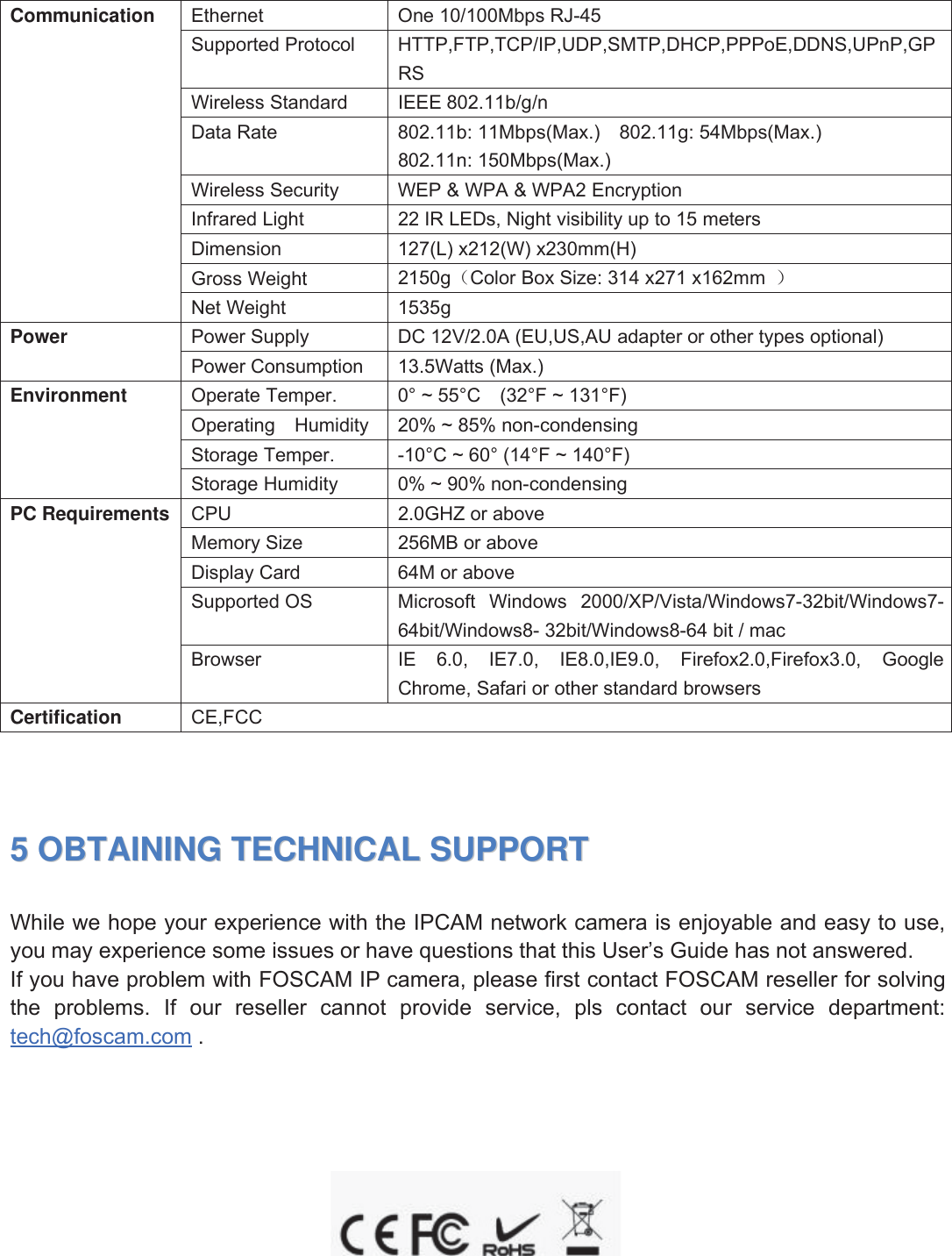 62wwww.foscam.coww.foscam.commShenzhenShenzhen FoscamFoscam IntelligentIntelligent TechnologyTechnology Co.,Co., LimitedLimitedTel:Tel: 8686 755755 26742674 56685668 Fax:Fax: 8686 755755 26742674 51685168 62Communication Ethernet One 10/100Mbps RJ-45Supported Protocol HTTP,FTP,TCP/IP,UDP,SMTP,DHCP,PPPoE,DDNS,UPnP,GPRSWireless Standard IEEE 802.11b/g/nData Rate 802.11b: 11Mbps(Max.) 802.11g: 54Mbps(Max.)802.11n: 150Mbps(Max.)Wireless Security WEP &amp; WPA &amp; WPA2 EncryptionInfrared Light 22 IR LEDs, Night visibility up to 15 metersDimension 127(L) x212(W) x230mm(H)Gross Weight 2150g（Color Box Size: 314 x271 x162mm ）Net Weight 1535gPower Power Supply DC 12V/2.0A (EU,US,AU adapter or other types optional)Power Consumption 13.5Watts (Max.)Environment Operate Temper. 0&deg; ~ 55&deg;C (32&deg;F ~ 131&deg;F)Operating Humidity 20% ~ 85% non-condensingStorage Temper. -10&deg;C ~ 60&deg; (14&deg;F ~ 140&deg;F)Storage Humidity 0% ~ 90% non-condensingPC Requirements CPU 2.0GHZ or aboveMemory Size 256MB or aboveDisplay Card 64M or aboveSupported OS Microsoft Windows 2000/XP/Vista/Windows7-32bit/Windows7-64bit/Windows8- 32bit/Windows8-64 bit / macBrowser IE 6.0, IE7.0, IE8.0,IE9.0, Firefox2.0,Firefox3.0, GoogleChrome, Safari or other standard browsersCertification CE,FCC55OBTAININGOBTAINING TECHNICALTECHNICAL SUPPORTSUPPORTWhile we hope your experience with the IPCAM network camera is enjoyable and easy to use,you may experience some issues or have questions that this User&rsquo;s Guide has not answered.If you have problem with FOSCAM IP camera, please first contact FOSCAM reseller for solvingthe problems. If our reseller cannot provide service, pls contact our service department:tech@foscam.com .