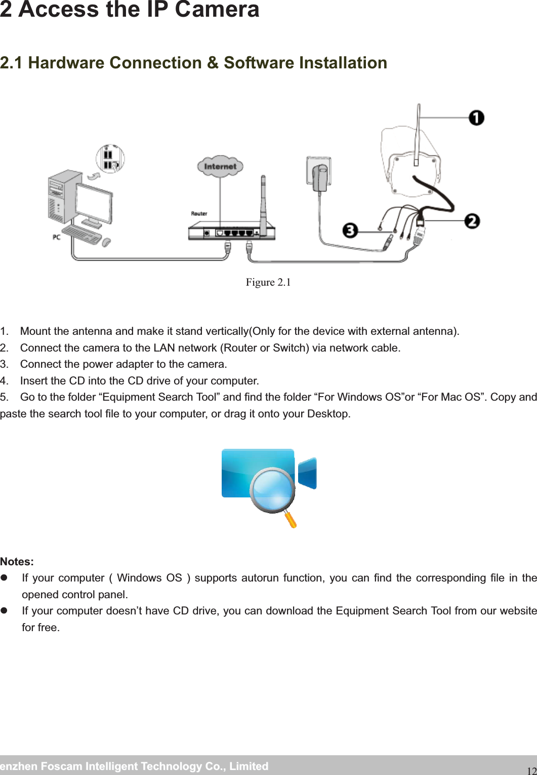                                                     wwwwww..ffoossccaamm..ccoommSShheennzzhheennFFoossccaammIInntteelllliiggeennttTTeecchhnnoollooggyyCCoo..,,LLiimmiitteeddTTeell::88667755552266774455666688FFaaxx::88667755552266774455116688122 Access the IP Camera 2.1 Hardware Connection &amp; Software Installation Figure 2.1  1.    Mount the antenna and make it stand vertically(Only for the device with external antenna). 2.    Connect the camera to the LAN network (Router or Switch) via network cable.             3.    Connect the power adapter to the camera. 4.    Insert the CD into the CD drive of your computer. 5.    Go to the folder &ldquo;Equipment Search Tool&rdquo; and find the folder &ldquo;For Windows OS&rdquo;or &ldquo;For Mac OS&rdquo;. Copy and paste the search tool file to your computer, or drag it onto your Desktop.     Notes:  z  If your computer ( Windows OS ) supports autorun function, you can find the corresponding file in the opened control panel.   z  If your computer doesn&rsquo;t have CD drive, you can download the Equipment Search Tool from our website for free.  