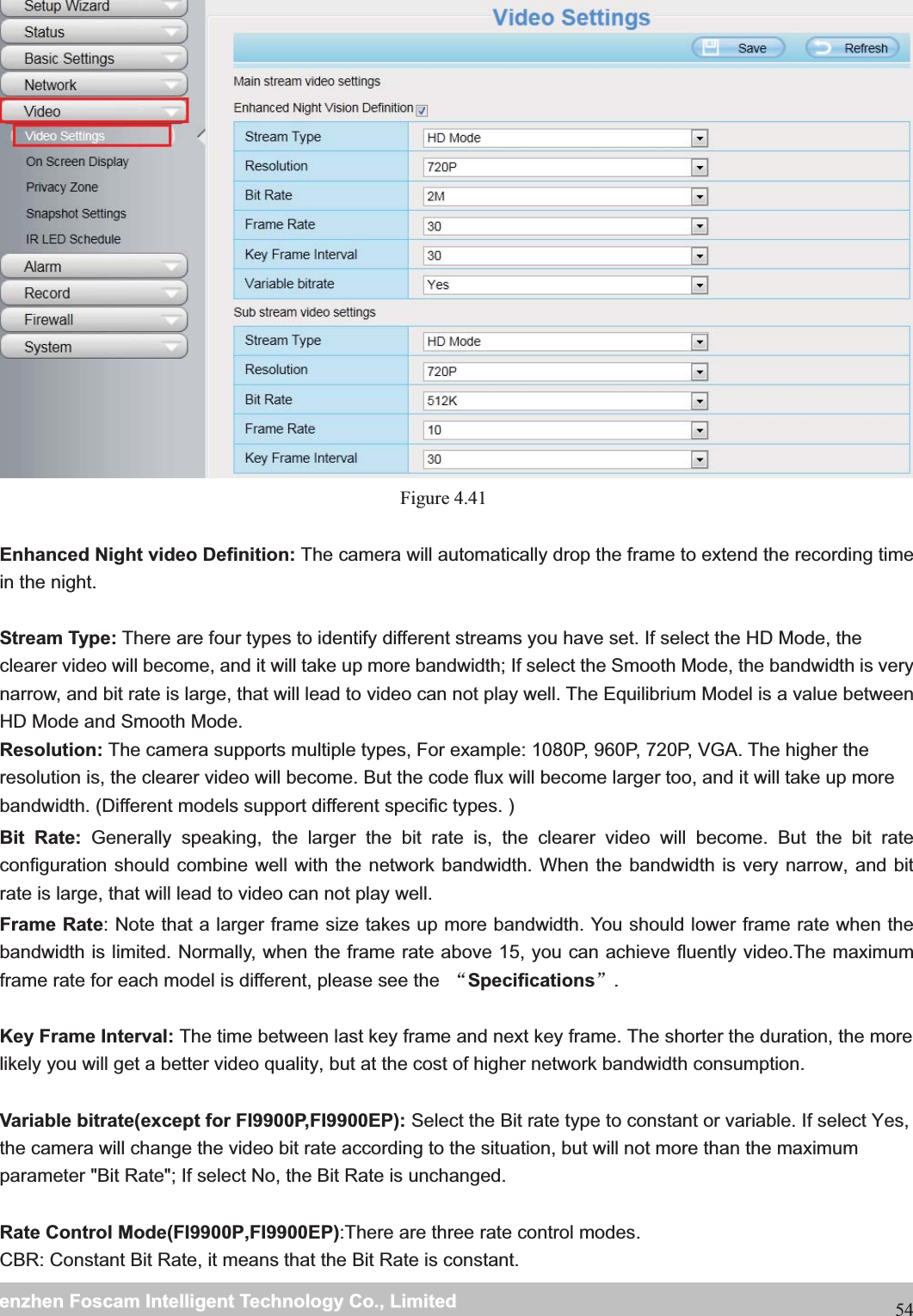                                                    wwwwww..ffoossccaamm..ccoommSShheennzzhheennFFoossccaammIInntteelllliiggeennttTTeecchhnnoollooggyyCCoo..,,LLiimmiitteeddTTeell::88667755552266774455666688FFaaxx::8866775555226677445511668854Figure 4.41  Enhanced Night video Definition: The camera will automatically drop the frame to extend the recording time in the night.  Stream Type: There are four types to identify different streams you have set. If select the HD Mode, the clearer video will become, and it will take up more bandwidth; If select the Smooth Mode, the bandwidth is very narrow, and bit rate is large, that will lead to video can not play well. The Equilibrium Model is a value between HD Mode and Smooth Mode. Resolution: The camera supports multiple types, For example: 1080P, 960P, 720P, VGA. The higher the resolution is, the clearer video will become. But the code flux will become larger too, and it will take up more bandwidth. (Different models support different specific types. ) Bit Rate: Generally speaking, the larger the bit rate is, the clearer video will become. But the bit rate configuration should combine well with the network bandwidth. When the bandwidth is very narrow, and bit rate is large, that will lead to video can not play well.   Frame Rate: Note that a larger frame size takes up more bandwidth. You should lower frame rate when the bandwidth is limited. Normally, when the frame rate above 15, you can achieve fluently video.The maximum frame rate for each model is different, please see the  ĀSpecificationsā.  Key Frame Interval: The time between last key frame and next key frame. The shorter the duration, the more likely you will get a better video quality, but at the cost of higher network bandwidth consumption. Variable bitrate(except for FI9900P,FI9900EP): Select the Bit rate type to constant or variable. If select Yes, the camera will change the video bit rate according to the situation, but will not more than the maximum parameter "Bit Rate"; If select No, the Bit Rate is unchanged.  Rate Control Mode(FI9900P,FI9900EP):There are three rate control modes. CBR: Constant Bit Rate, it means that the Bit Rate is constant. 