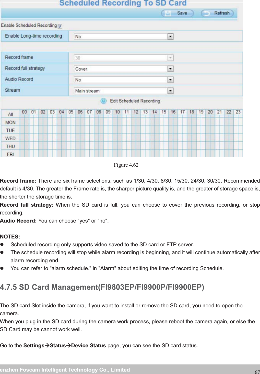                                                     wwwwww..ffoossccaamm..ccoommSShheennzzhheennFFoossccaammIInntteelllliiggeennttTTeecchhnnoollooggyyCCoo..,,LLiimmiitteeddTTeell::88667755552266774455666688FFaaxx::8866775555226677445511668867Figure 4.62  Record frame: There are six frame selections, such as 1/30, 4/30, 8/30, 15/30, 24/30, 30/30. Recommended default is 4/30. The greater the Frame rate is, the sharper picture quality is, and the greater of storage space is, the shorter the storage time is. Record full strategy: When the SD card is full, you can choose to cover the previous recording, or stop recording. Audio Record: You can choose "yes" or "no".  NOTES: z  Scheduled recording only supports video saved to the SD card or FTP server.   z  The schedule recording will stop while alarm recording is beginning, and it will continue automatically after alarm recording end. z  You can refer to "alarm schedule." in "Alarm" about editing the time of recording Schedule. 4.7.5 SD Card Management(FI9803EP/FI9900P/FI9900EP) The SD card Slot inside the camera, if you want to install or remove the SD card, you need to open the camera. When you plug in the SD card during the camera work process, please reboot the camera again, or else the SD Card may be cannot work well.  Go to the Settings&AElig;Status&AElig;Device Status page, you can see the SD card status.  