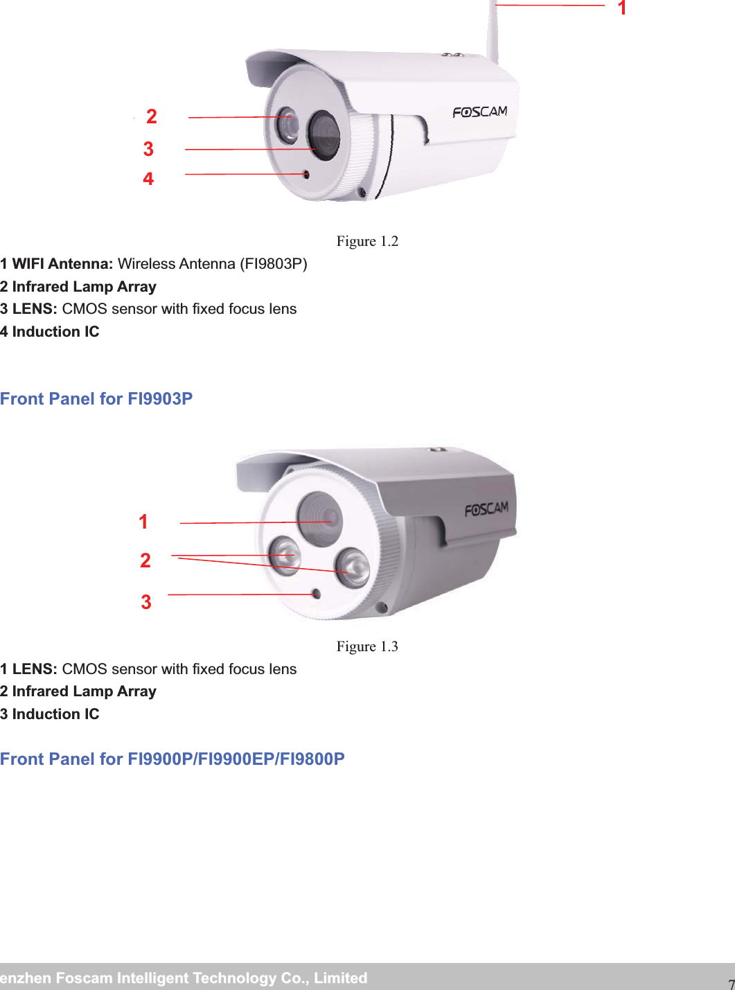                                                     wwwwww..ffoossccaamm..ccoommSShheennzzhheennFFoossccaammIInntteelllliiggeennttTTeecchhnnoollooggyyCCoo..,,LLiimmiitteeddTTeell::88667755552266774455666688FFaaxx::886677555522667744551166887           Figure 1.2 1 WIFI Antenna: Wireless Antenna (FI9803P) 2 Infrared Lamp Array 3 LENS: CMOS sensor with fixed focus lens   4 Induction IC  Front Panel for FI9903P             Figure 1.3 1 LENS: CMOS sensor with fixed focus lens 2 Infrared Lamp Array  3 Induction IC Front Panel for FI9900P/FI9900EP/FI9800P1432321