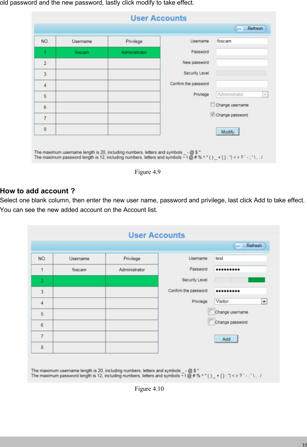 wwwwww.foscam.co.foscam.comm35old password and the new password, lastly click modify to take effect.Figure 4.9How to add account ?Select one blank column, then enter the new user name, password and privilege, last click Add to take effect.You can see the new added account on the Account list.Figure 4.10