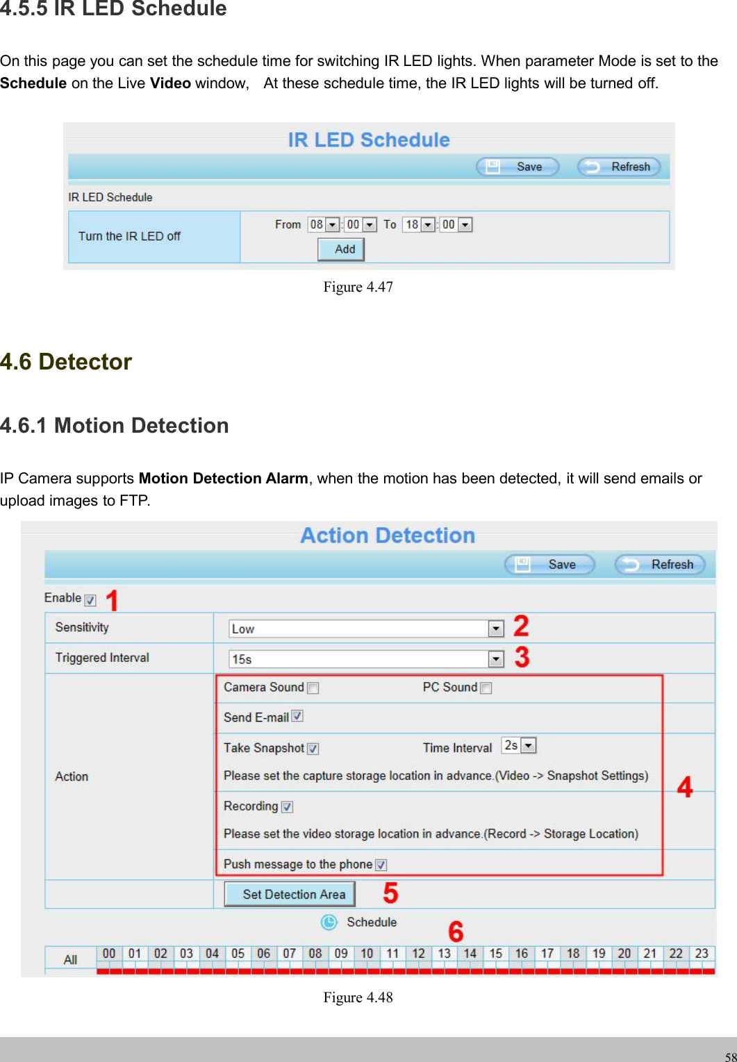 wwwwww.foscam.co.foscam.comm584.5.5 IR LED ScheduleOn this page you can set the schedule time for switching IR LED lights. When parameter Mode is set to theSchedule on the Live Video window, At these schedule time, the IR LED lights will be turned off.Figure 4.474.6 Detector4.6.1 Motion DetectionIP Camera supports Motion Detection Alarm, when the motion has been detected, it will send emails orupload images to FTP.Figure 4.48