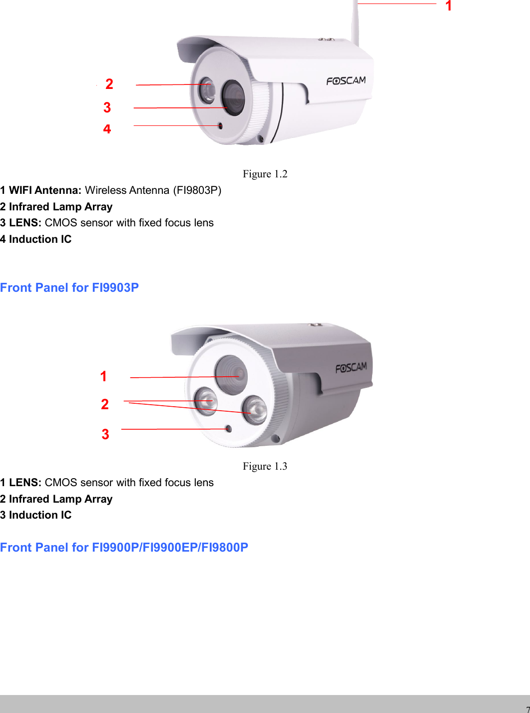 wwwwww.foscam.co.foscam.comm7Figure 1.21 WIFI Antenna: Wireless Antenna (FI9803P)2 Infrared Lamp Array3 LENS: CMOS sensor with fixed focus lens4 Induction ICFront Panel for FI9903PFigure 1.31 LENS: CMOS sensor with fixed focus lens2 Infrared Lamp Array3 Induction ICFront Panel for FI9900P/FI9900EP/FI9800P1432321
