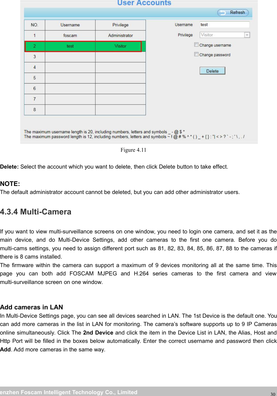 wwwwww.foscam.co.foscam.commShenzhenShenzhen FoscamFoscam IntelligentIntelligent TechnologyTechnology Co.,Co., LimitedLimitedTel:Tel: 8686 755755 26742674 56685668 Fax:Fax: 8686 755755 26742674 5168516830Figure 4.11Delete: Select the account which you want to delete, then click Delete button to take effect.NOTE:The default administrator account cannot be deleted, but you can add other administrator users.4.3.4 Multi-CameraIf you want to view multi-surveillance screens on one window, you need to login one camera, and set it as themain device, and do Multi-Device Settings, add other cameras to the first one camera. Before you domulti-cams settings, you need to assign different port such as 81, 82, 83, 84, 85, 86, 87, 88 to the cameras ifthere is 8 cams installed.The firmware within the camera can support a maximum of 9 devices monitoring all at the same time. Thispage you can both add FOSCAM MJPEG and H.264 series cameras to the first camera and viewmulti-surveillance screen on one window.Add cameras in LANIn Multi-Device Settings page, you can see all devices searched in LAN. The 1st Device is the default one. Youcan add more cameras in the list in LAN for monitoring. The camera&rsquo;s software supports up to 9 IP Camerasonline simultaneously. Click The 2nd Device and click the item in the Device List in LAN, the Alias, Host andHttp Port will be filled in the boxes below automatically. Enter the correct username and password then clickAdd. Add more cameras in the same way.