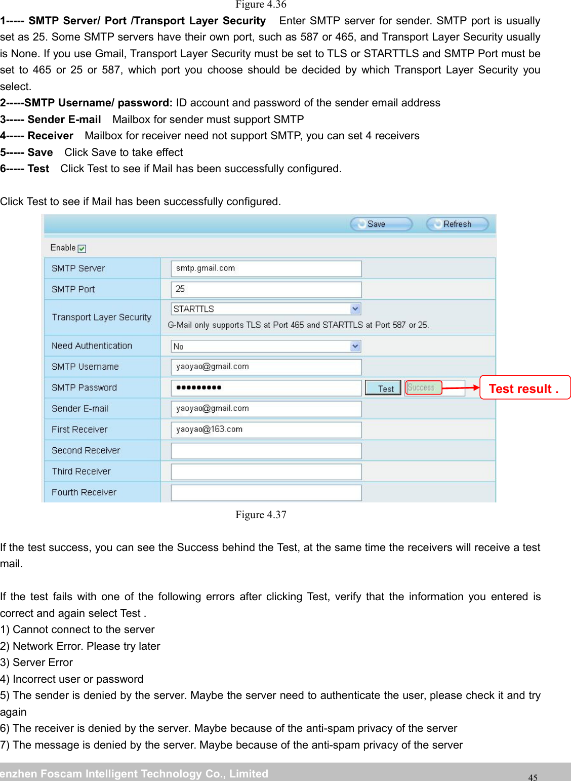 wwwwww.foscam.co.foscam.commShenzhenShenzhen FoscamFoscam IntelligentIntelligent TechnologyTechnology Co.,Co., LimitedLimitedTel:Tel: 8686 755755 26742674 56685668 Fax:Fax: 8686 755755 26742674 5168516845Figure 4.361----- SMTP Server/ Port /Transport Layer Security Enter SMTP server for sender. SMTP port is usuallyset as 25. Some SMTP servers have their own port, such as 587 or 465, and Transport Layer Security usuallyis None. If you use Gmail, Transport Layer Security must be set to TLS or STARTTLS and SMTP Port must beset to 465 or 25 or 587, which port you choose should be decided by which Transport Layer Security youselect.2-----SMTP Username/ password: ID account and password of the sender email address3----- Sender E-mail Mailbox for sender must support SMTP4----- Receiver Mailbox for receiver need not support SMTP, you can set 4 receivers5----- Save Click Save to take effect6----- Test Click Test to see if Mail has been successfully configured.Click Test to see if Mail has been successfully configured.Figure 4.37If the test success, you can see the Success behind the Test, at the same time the receivers will receive a testmail.If the test fails with one of the following errors after clicking Test, verify that the information you entered iscorrect and again select Test .1) Cannot connect to the server2) Network Error. Please try later3) Server Error4) Incorrect user or password5) The sender is denied by the server. Maybe the server need to authenticate the user, please check it and tryagain6) The receiver is denied by the server. Maybe because of the anti-spam privacy of the server7) The message is denied by the server. Maybe because of the anti-spam privacy of the serverTest result .
