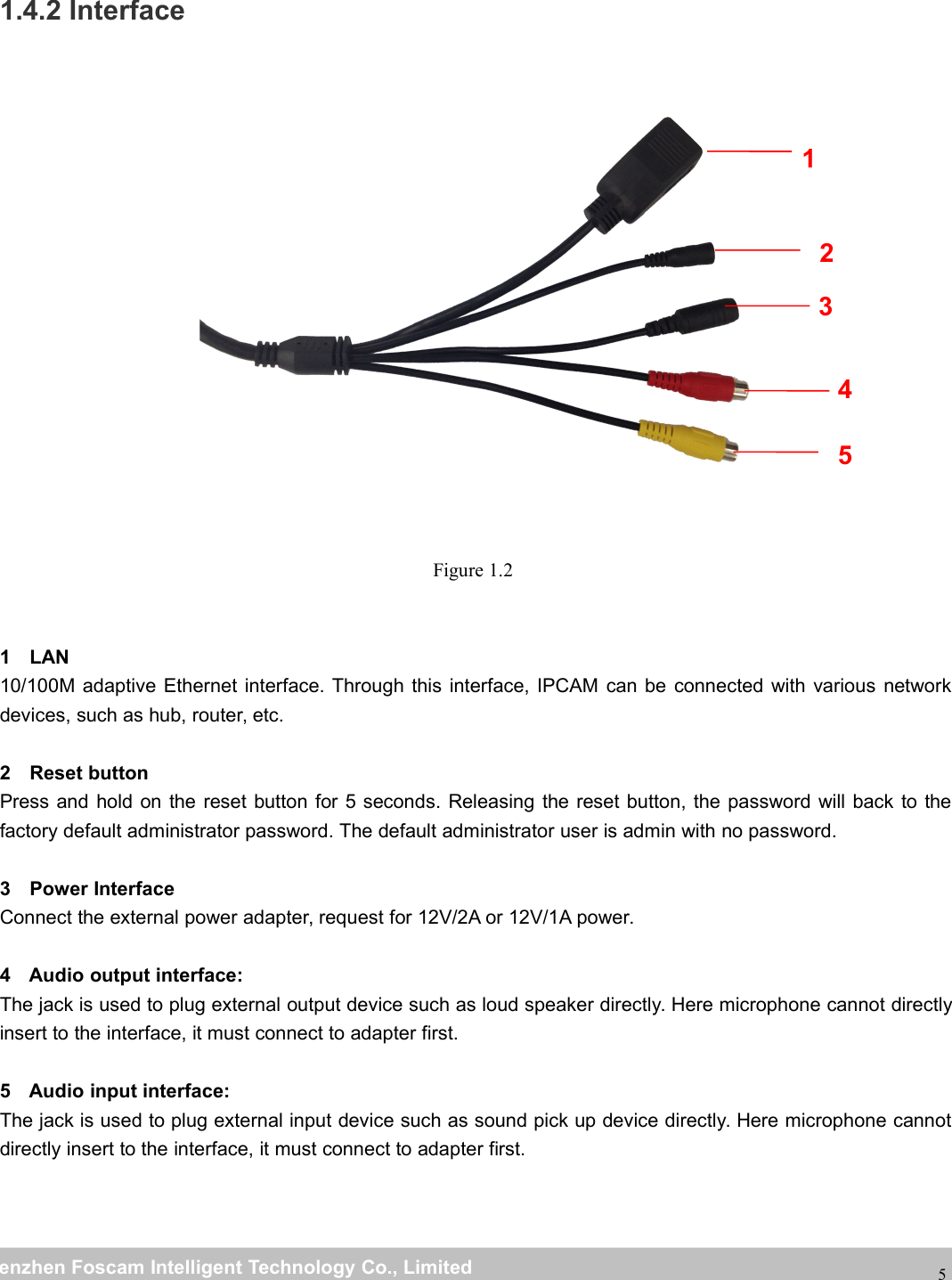 wwwwww.foscam.co.foscam.commShenzhenShenzhen FoscamFoscam IntelligentIntelligent TechnologyTechnology Co.,Co., LimitedLimitedTel:Tel: 8686 755755 26742674 56685668 Fax:Fax: 8686 755755 26742674 5168516851.4.2 InterfaceFigure 1.21 LAN10/100M adaptive Ethernet interface. Through this interface, IPCAM can be connected with various networkdevices, such as hub, router, etc.2 Reset buttonPress and hold on the reset button for 5 seconds. Releasing the reset button, the password will back to thefactory default administrator password. The default administrator user is admin with no password.3 Power InterfaceConnect the external power adapter, request for 12V/2A or 12V/1A power.4 Audio output interface:The jack is used to plug external output device such as loud speaker directly. Here microphone cannot directlyinsert to the interface, it must connect to adapter first.5 Audio input interface:The jack is used to plug external input device such as sound pick up device directly. Here microphone cannotdirectly insert to the interface, it must connect to adapter first.12345