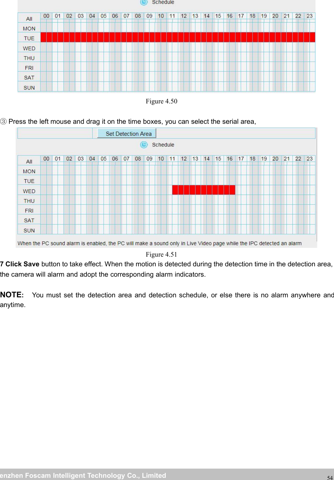 wwwwww.foscam.co.foscam.commShenzhenShenzhen FoscamFoscam IntelligentIntelligent TechnologyTechnology Co.,Co., LimitedLimitedTel:Tel: 8686 755755 26742674 56685668 Fax:Fax: 8686 755755 26742674 5168516854Figure 4.50③Press the left mouse and drag it on the time boxes, you can select the serial area,Figure 4.517 Click Save button to take effect. When the motion is detected during the detection time in the detection area,the camera will alarm and adopt the corresponding alarm indicators.NOTE:You must set the detection area and detection schedule, or else there is no alarm anywhere andanytime.