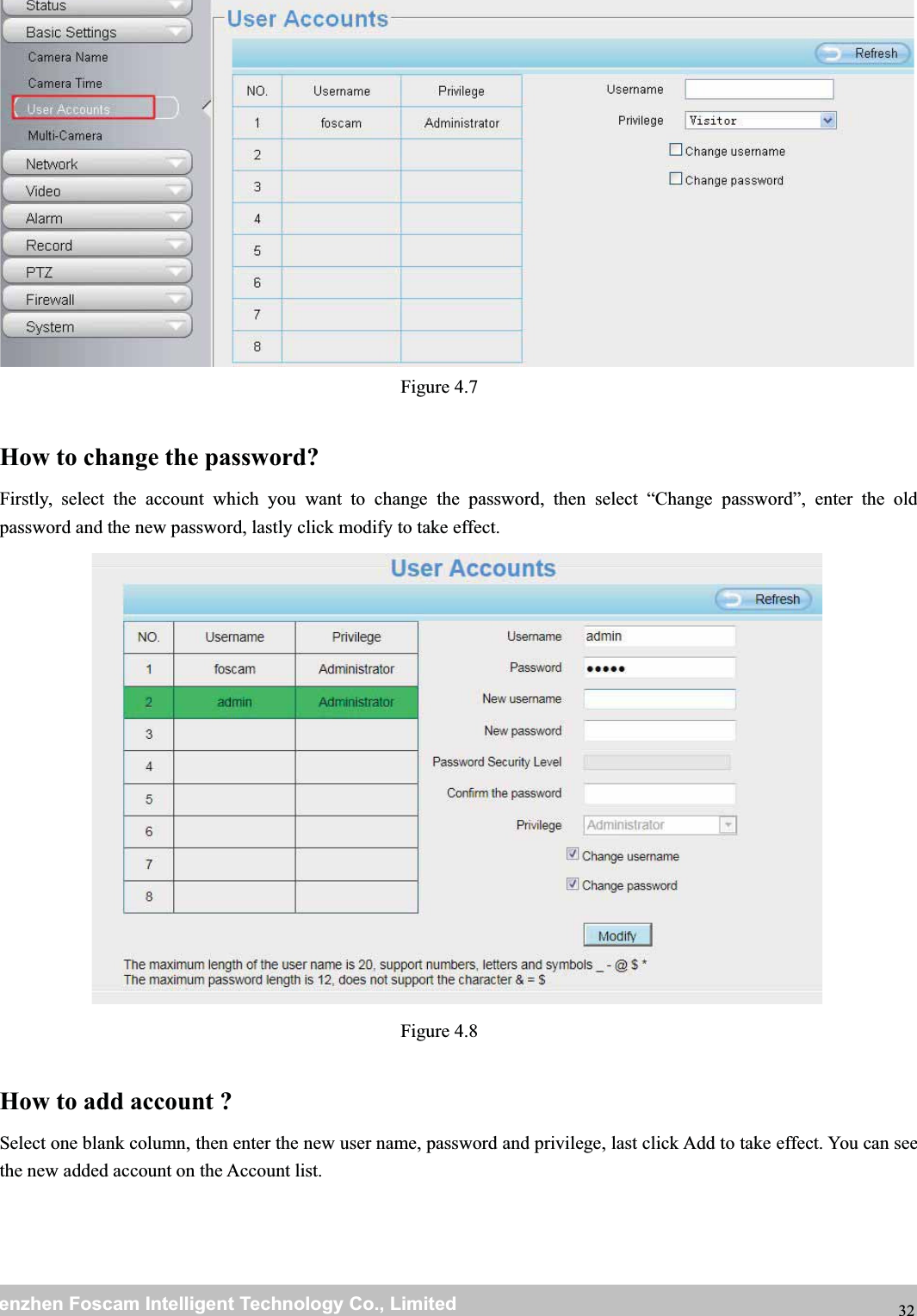 wwwwww.foscam.co.foscam.commShenzhenShenzhen FoscamFoscam IntelligentIntelligent TechnologyTechnology Co.,Co., LimitedLimitedTel:Tel: 8686 755755 26742674 56685668 Fax:Fax: 8686 755755 26742674 51685168 32Figure 4.7How to change the password?Firstly, select the account which you want to change the password, then select &ldquo;Change password&rdquo;, enter the oldpassword and the new password, lastly click modify to take effect.Figure 4.8How to add account ?Select one blank column, then enter the new user name, password and privilege, last click Add to take effect. You can seethe new added account on the Account list.