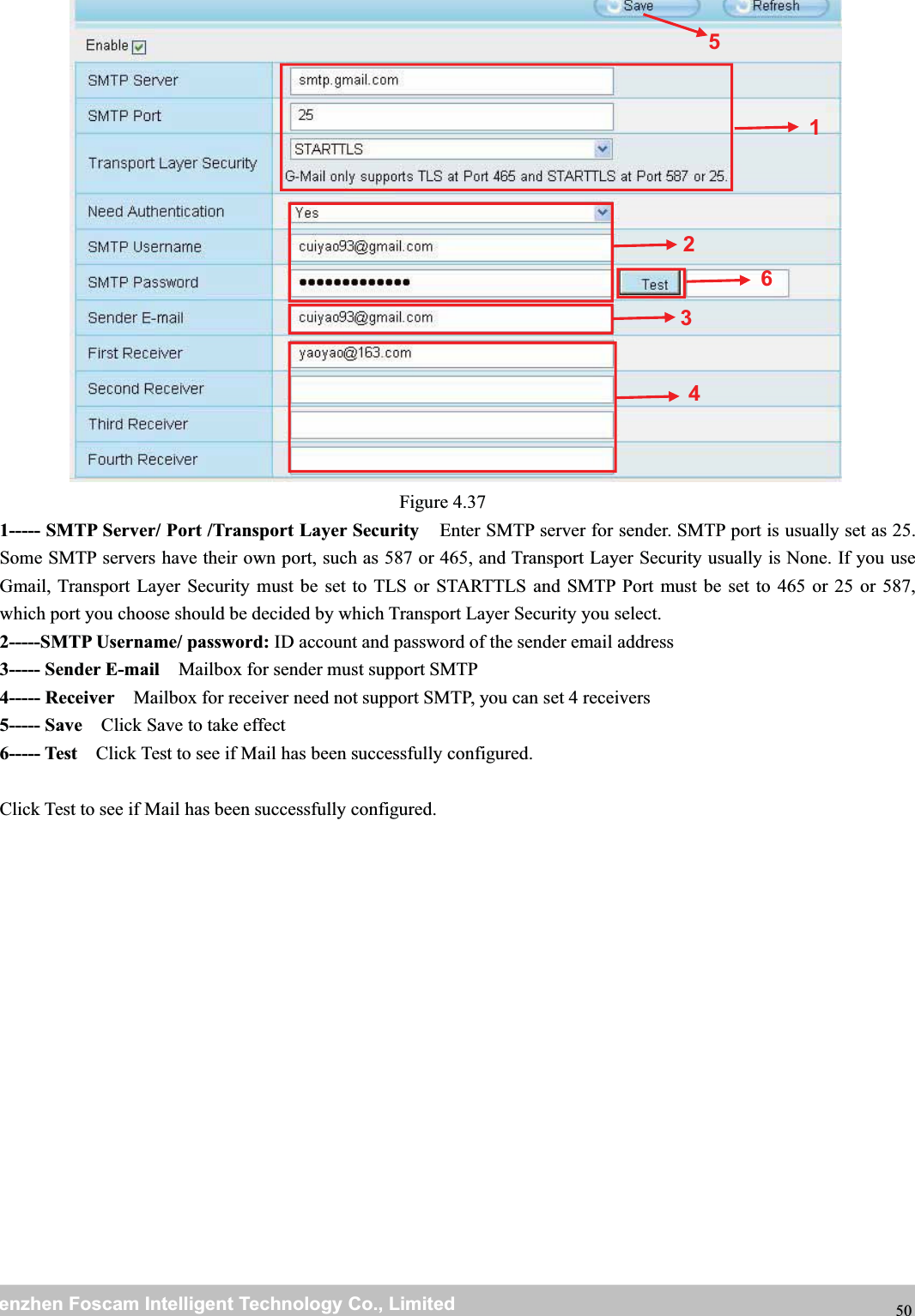 wwwwww.foscam.co.foscam.commShenzhenShenzhen FoscamFoscam IntelligentIntelligent TechnologyTechnology Co.,Co., LimitedLimitedTel:Tel: 8686 755755 26742674 56685668 Fax:Fax: 8686 755755 26742674 51685168 50Figure 4.371----- SMTP Server/ Port /Transport Layer Security Enter SMTP server for sender. SMTP port is usually set as 25.Some SMTP servers have their own port, such as 587 or 465, and Transport Layer Security usually is None. If you useGmail, Transport Layer Security must be set to TLS or STARTTLS and SMTP Port must be set to 465 or 25 or 587,which port you choose should be decided by which Transport Layer Security you select.2-----SMTP Username/ password: ID account and password of the sender email address3----- Sender E-mail Mailbox for sender must support SMTP4----- Receiver Mailbox for receiver need not support SMTP, you can set 4 receivers5----- Save Click Save to take effect6----- Test Click Test to see if Mail has been successfully configured.Click Test to see if Mail has been successfully configured.123456