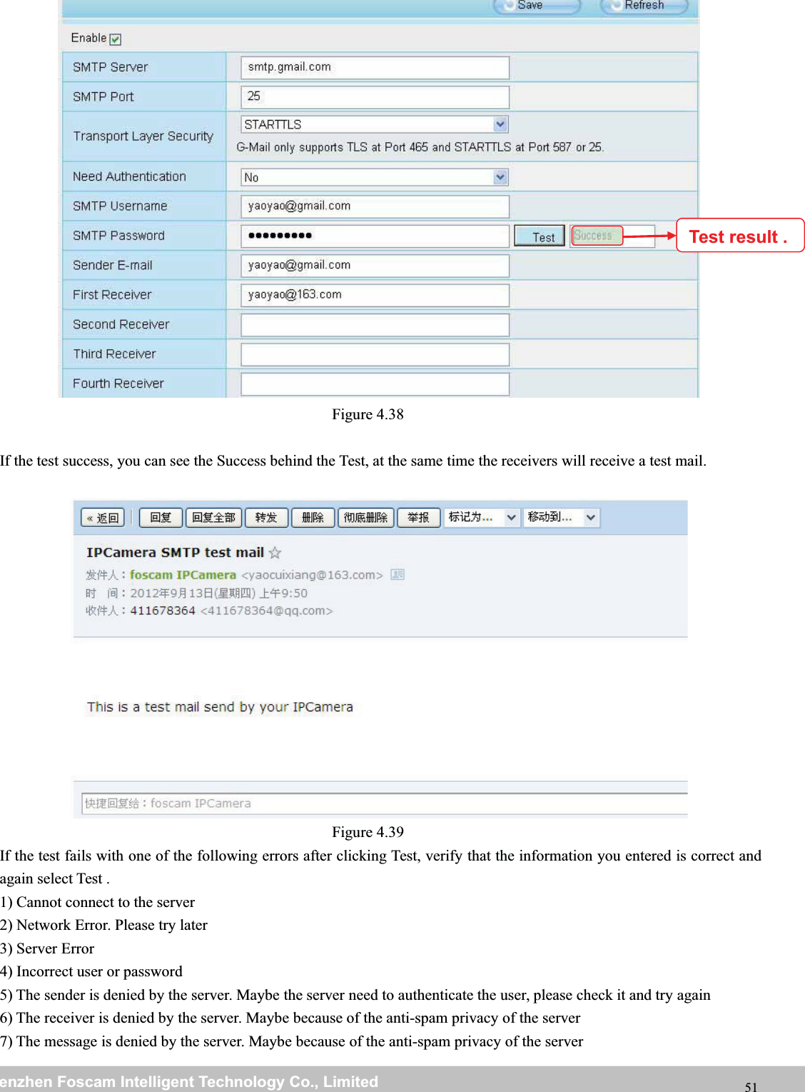 wwwwww.foscam.co.foscam.commShenzhenShenzhen FoscamFoscam IntelligentIntelligent TechnologyTechnology Co.,Co., LimitedLimitedTel:Tel: 8686 755755 26742674 56685668 Fax:Fax: 8686 755755 26742674 51685168 51Figure 4.38If the test success, you can see the Success behind the Test, at the same time the receivers will receive a test mail.Figure 4.39If the test fails with one of the following errors after clicking Test, verify that the information you entered is correct andagain select Test .1) Cannot connect to the server2) Network Error. Please try later3) Server Error4) Incorrect user or password5) The sender is denied by the server. Maybe the server need to authenticate the user, please check it and try again6) The receiver is denied by the server. Maybe because of the anti-spam privacy of the server7) The message is denied by the server. Maybe because of the anti-spam privacy of the serverTest result .