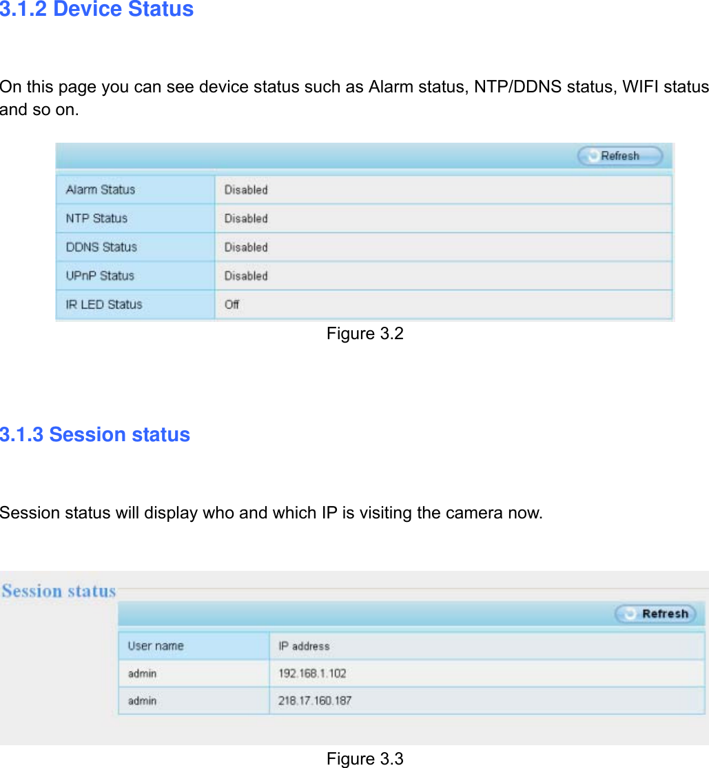                                                        18wwwwww..ffoossccaamm..ccoomm  SShheennzzhheenn  FFoossccaamm  IInntteelllliiggeenntt  TTeecchhnnoollooggyy  CCoo..,,  LLiimmiitteedd  TTeell::  8866  775555  22667744  55666688  FFaaxx::  8866  775555  22667744  55116688                                                                                                                          18           3.1.2 Device Status  On this page you can see device status such as Alarm status, NTP/DDNS status, WIFI status and so on.   Figure 3.2    3.1.3 Session status  Session status will display who and which IP is visiting the camera now.    Figure 3.3      