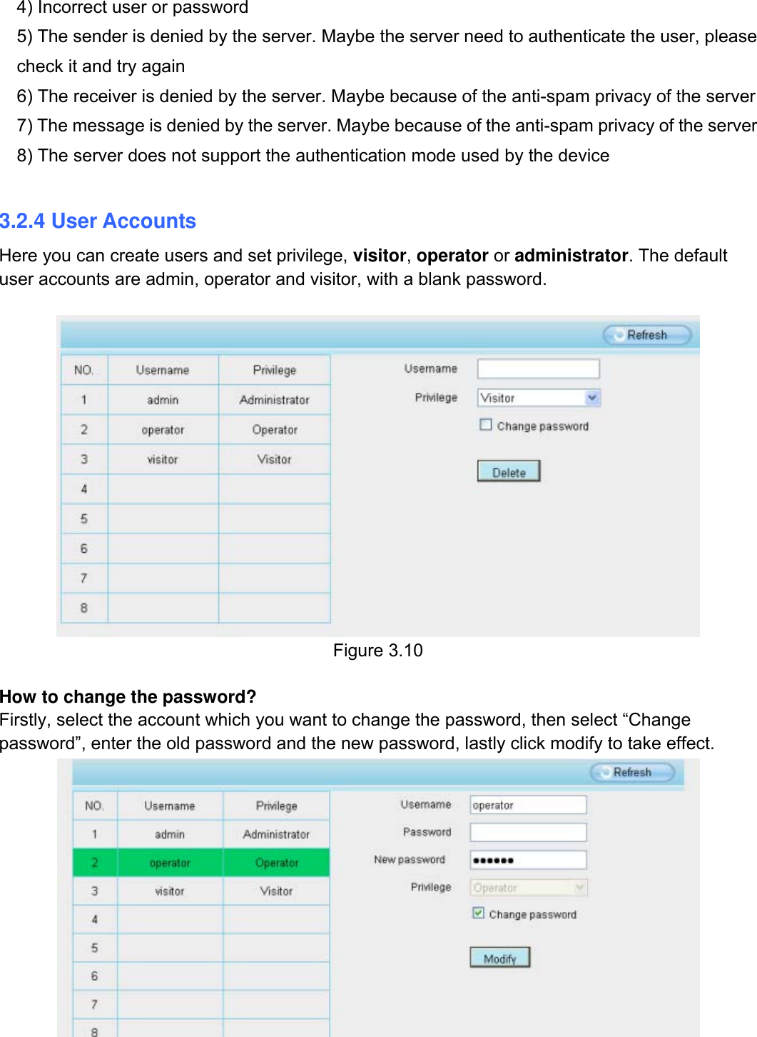                                                        23wwwwww..ffoossccaamm..ccoomm  SShheennzzhheenn  FFoossccaamm  IInntteelllliiggeenntt  TTeecchhnnoollooggyy  CCoo..,,  LLiimmiitteedd  TTeell::  8866  775555  22667744  55666688  FFaaxx::  8866  775555  22667744  55116688                                                                                                                          23           4) Incorrect user or password 5) The sender is denied by the server. Maybe the server need to authenticate the user, please check it and try again 6) The receiver is denied by the server. Maybe because of the anti-spam privacy of the server 7) The message is denied by the server. Maybe because of the anti-spam privacy of the server 8) The server does not support the authentication mode used by the device  3.2.4 User Accounts Here you can create users and set privilege, visitor, operator or administrator. The default user accounts are admin, operator and visitor, with a blank password.     Figure 3.10  How to change the password? Firstly, select the account which you want to change the password, then select &ldquo;Change password&rdquo;, enter the old password and the new password, lastly click modify to take effect.  