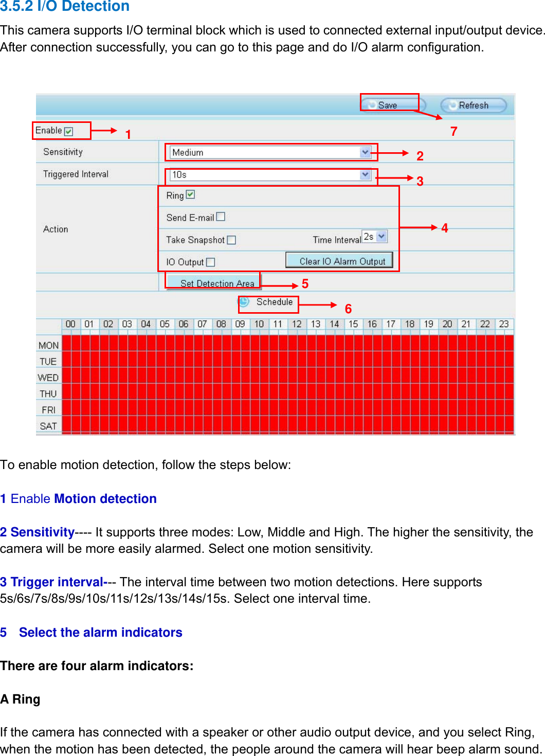                                                        48wwwwww..ffoossccaamm..ccoomm  SShheennzzhheenn  FFoossccaamm  IInntteelllliiggeenntt  TTeecchhnnoollooggyy  CCoo..,,  LLiimmiitteedd  TTeell::  8866  775555  22667744  55666688  FFaaxx::  8866  775555  22667744  55116688                                                                                                                          48           3.5.2 I/O Detection This camera supports I/O terminal block which is used to connected external input/output device. After connection successfully, you can go to this page and do I/O alarm configuration.      To enable motion detection, follow the steps below:  1 Enable Motion detection  2 Sensitivity---- It supports three modes: Low, Middle and High. The higher the sensitivity, the camera will be more easily alarmed. Select one motion sensitivity.  3 Trigger interval--- The interval time between two motion detections. Here supports 5s/6s/7s/8s/9s/10s/11s/12s/13s/14s/15s. Select one interval time.  5  Select the alarm indicators  There are four alarm indicators:   A Ring    If the camera has connected with a speaker or other audio output device, and you select Ring, when the motion has been detected, the people around the camera will hear beep alarm sound. 1 2 3 4 5   7 6 