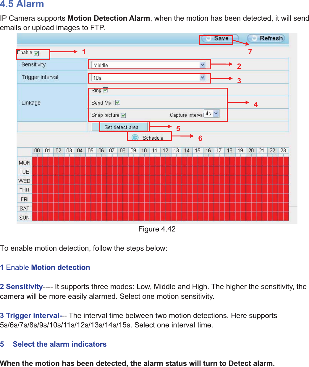 59wwww.foscam.coww.foscam.commShenzhenShenzhen FoscamFoscam IntelligentIntelligent TechnologyTechnology Co.,Co., LimitedLimitedTel:Tel: 8686 755755 26742674 56685668 Fax:Fax: 8686 755755 26742674 51685168 594.5 AlarmIP Camera supports Motion Detection Alarm, when the motion has been detected, it will sendemails or upload images to FTP.Figure 4.42To enable motion detection, follow the steps below:1Enable Motion detection2 Sensitivity---- It supports three modes: Low, Middle and High. The higher the sensitivity, thecamera will be more easily alarmed. Select one motion sensitivity.3 Trigger interval--- The interval time between two motion detections. Here supports5s/6s/7s/8s/9s/10s/11s/12s/13s/14s/15s. Select one interval time.5 Select the alarm indicatorsWhen the motion has been detected, the alarm status will turn to Detect alarm.1234657
