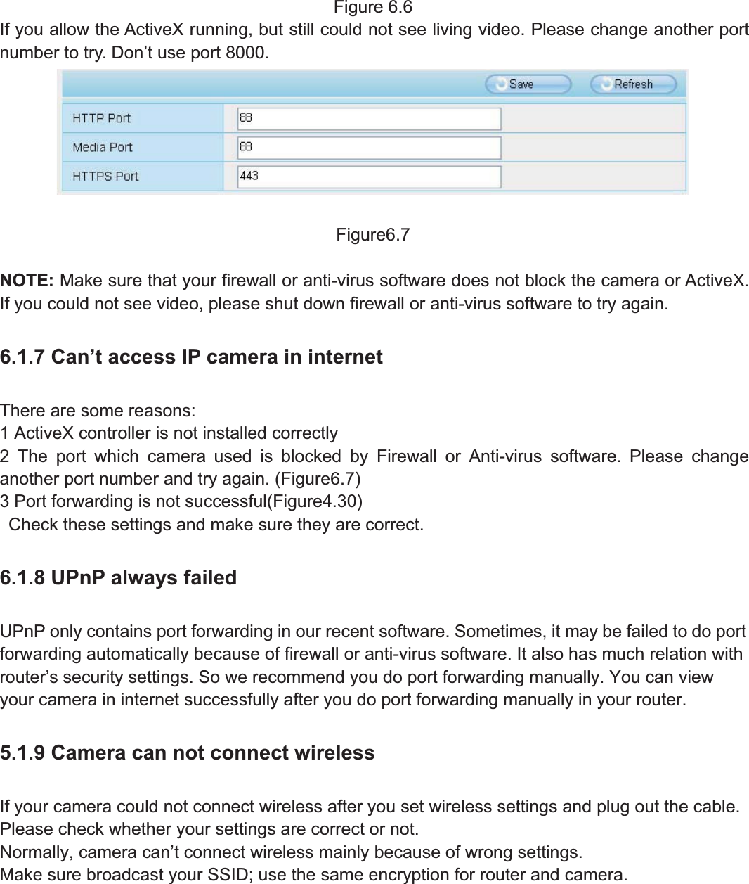 89wwww.foscam.coww.foscam.commShenzhenShenzhen FoscamFoscam IntelligentIntelligent TechnologyTechnology Co.,Co., LimitedLimitedTel:Tel: 8686 755755 26742674 56685668 Fax:Fax: 8686 755755 26742674 51685168 89Figure 6.6If you allow the ActiveX running, but still could not see living video. Please change another portnumber to try. Don&rsquo;t use port 8000.Figure6.7NOTE: Make sure that your firewall or anti-virus software does not block the camera or ActiveX.If you could not see video, please shut down firewall or anti-virus software to try again.6.1.7 Can&rsquo;t access IP camera in internetThere are some reasons:1 ActiveX controller is not installed correctly2 The port which camera used is blocked by Firewall or Anti-virus software. Please changeanother port number and try again. (Figure6.7)3 Port forwarding is not successful(Figure4.30)Check these settings and make sure they are correct.6.1.8 UPnP always failedUPnP only contains port forwarding in our recent software. Sometimes, it may be failed to do portforwarding automatically because of firewall or anti-virus software. It also has much relation withrouter&rsquo;s security settings. So we recommend you do port forwarding manually. You can viewyour camera in internet successfully after you do port forwarding manually in your router.5.1.9 Camera can not connect wirelessIf your camera could not connect wireless after you set wireless settings and plug out the cable.Please check whether your settings are correct or not.Normally, camera can&rsquo;t connect wireless mainly because of wrong settings.Make sure broadcast your SSID; use the same encryption for router and camera.