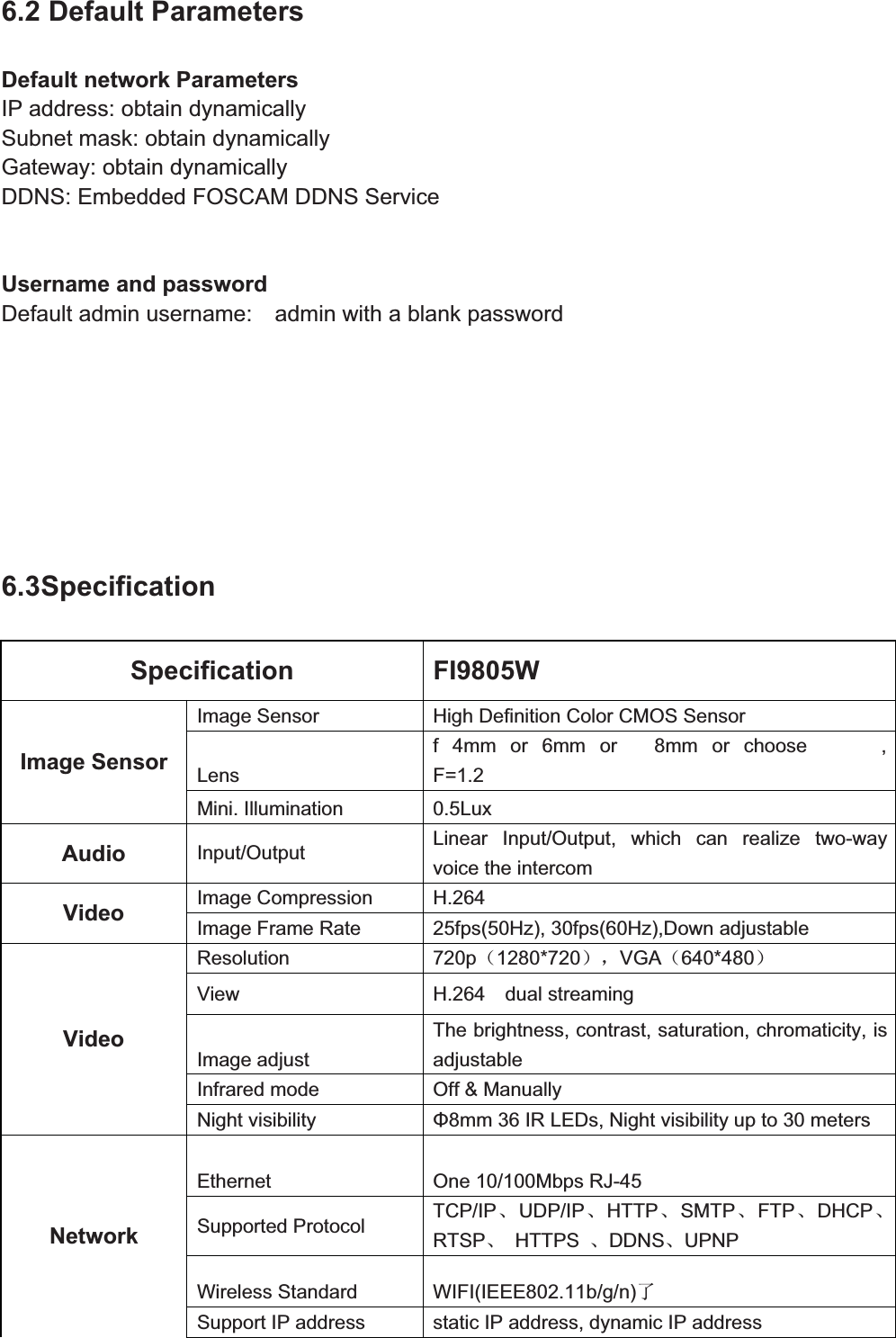 90wwww.foscam.coww.foscam.commShenzhenShenzhen FoscamFoscam IntelligentIntelligent TechnologyTechnology Co.,Co., LimitedLimitedTel:Tel: 8686 755755 26742674 56685668 Fax:Fax: 8686 755755 26742674 51685168 906.2 Default ParametersDefault network ParametersIP address: obtain dynamicallySubnet mask: obtain dynamicallyGateway: obtain dynamicallyDDNS: Embedded FOSCAM DDNS ServiceUsername and passwordDefault admin username: admin with a blank password6.3SpecificationSpecification FI9805WImage SensorImage Sensor High Definition Color CMOS SensorLensf 4mm or 6mm or 8mm or choose ,F=1.2Mini. Illumination 0.5LuxAudio Input/Output Linear Input/Output, which can realize two-wayvoice the intercomVideo Image Compression H.264Image Frame Rate 25fps(50Hz), 30fps(60Hz),Down adjustableVideoResolution 720p˄1280*720˅ˈVGA˄640*480˅View H.264 dual streamingImage adjustThe brightness, contrast, saturation, chromaticity, isadjustableInfrared mode Off &amp; ManuallyNight visibility 8mm 36 IR LEDs, Night visibility up to 30 metersNetworkEthernet One 10/100Mbps RJ-45Supported Protocol TCP/IPǃUDP/IPǃHTTPǃSMTPǃFTPǃDHCPǃRTSPǃHTTPS ǃDDNSǃUPNPWireless Standard WIFI(IEEE802.11b/g/n)њSupport IP address static IP address, dynamic IP address
