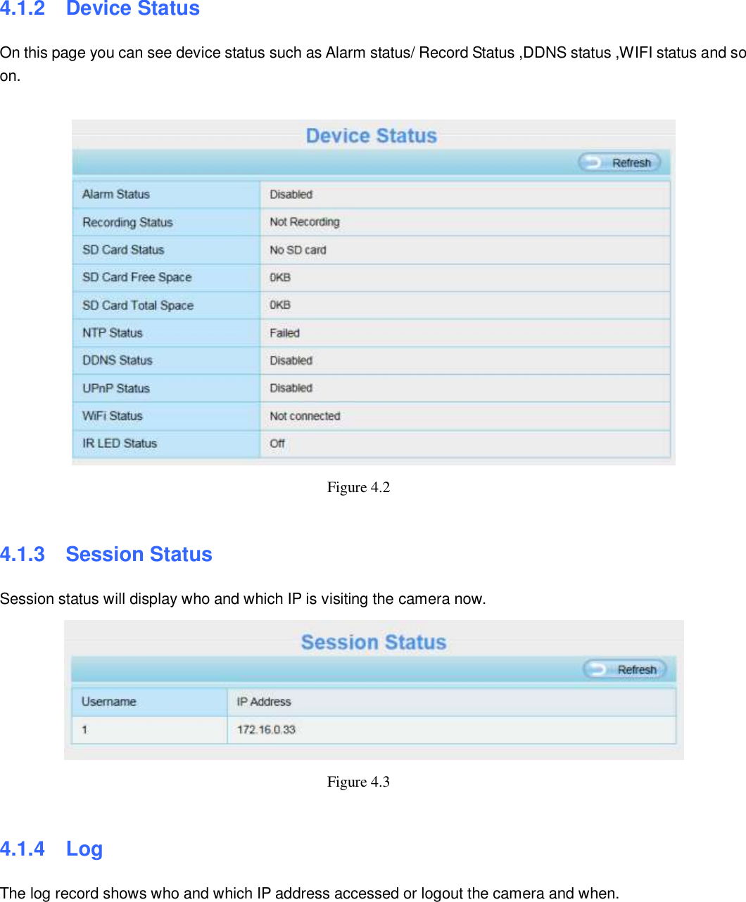                                                        28   28 4.1.2   Device Status On this page you can see device status such as Alarm status/ Record Status ,DDNS status ,WIFI status and so on.   Figure 4.2    4.1.3   Session Status Session status will display who and which IP is visiting the camera now.  Figure 4.3    4.1.4   Log The log record shows who and which IP address accessed or logout the camera and when.     