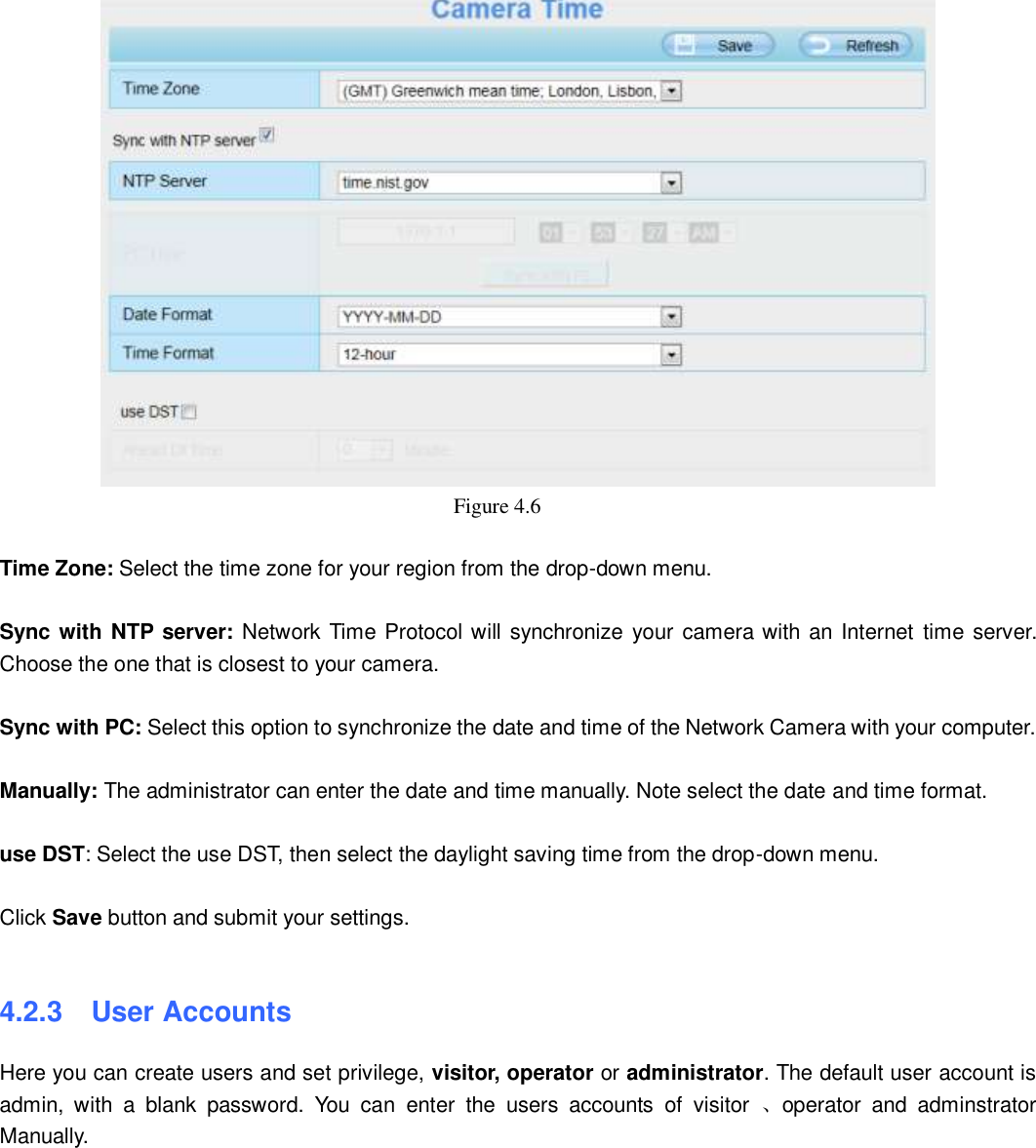                                                        30   30  Figure 4.6    Time Zone: Select the time zone for your region from the drop-down menu.  Sync with NTP server: Network Time Protocol will synchronize your camera with an Internet  time server. Choose the one that is closest to your camera.  Sync with PC: Select this option to synchronize the date and time of the Network Camera with your computer.  Manually: The administrator can enter the date and time manually. Note select the date and time format.  use DST: Select the use DST, then select the daylight saving time from the drop-down menu.  Click Save button and submit your settings.  4.2.3   User Accounts Here you can create users and set privilege, visitor, operator or administrator. The default user account is admin,  with  a  blank  password.  You  can  enter  the  users  accounts  of  visitor  、operator  and  adminstrator Manually.  