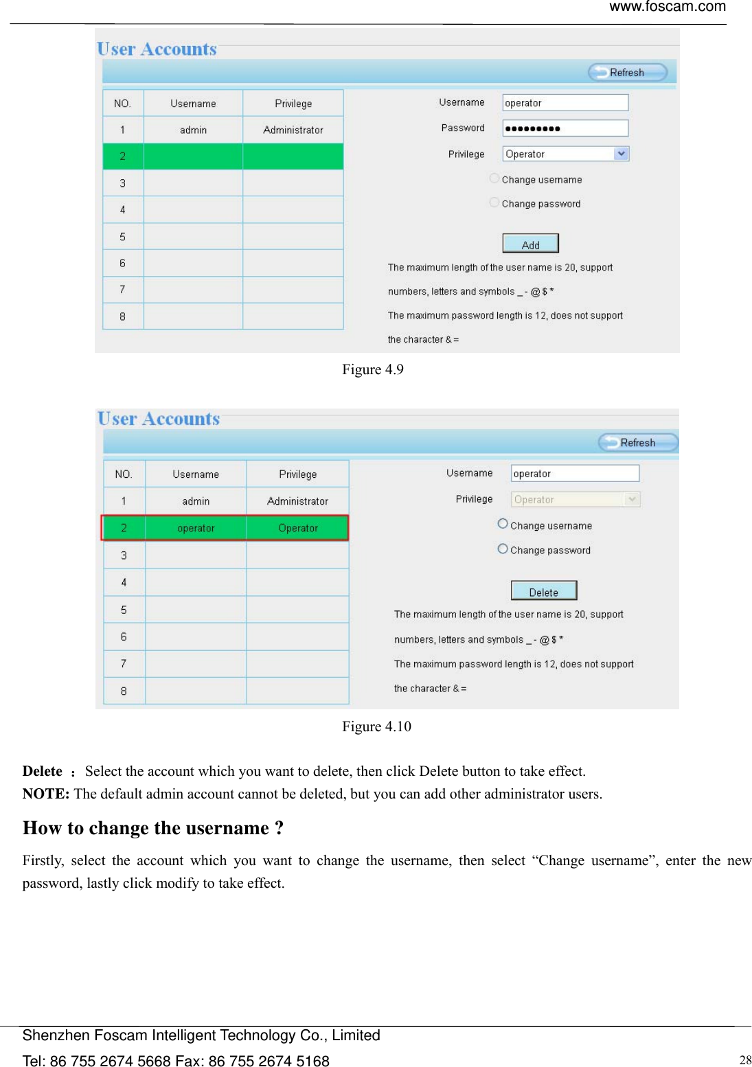  www.foscam.com            Shenzhen Foscam Intelligent Technology Co., Limited Tel: 86 755 2674 5668 Fax: 86 755 2674 5168  28 Figure 4.9    Figure 4.10   Delete  ：Select the account which you want to delete, then click Delete button to take effect. NOTE: The default admin account cannot be deleted, but you can add other administrator users. How to change the username ? Firstly, select the account which you want to change the username, then select &ldquo;Change username&rdquo;, enter the new password, lastly click modify to take effect.  