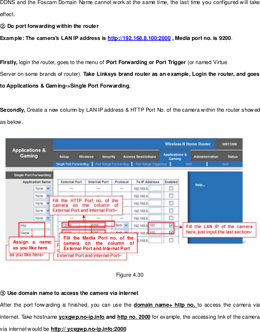                                                         47 wwwwwwww..ffoossccaamm..ccoomm  SShheennzzhheenn  FFoossccaamm  IInntteelllliiggeenntt  TTeecchhnnoollooggyy  CCoo..,,  LLiimmiitteedd  TTeell::  8866  775555  22667744  55666688  FFaaxx::  8866  775555  22667744  55116688                                                                                                                        47                                                                                                                                                                                                                                                                                                               DDNS and the Foscam Domain  Name cannot w ork at the same time, the last time you configured w ill take effect. ② Do port forwarding within the router   Exam ple: The camera&rsquo;s LAN IP address is http://192.168.8.100:2000 , Media port no. is 9200.   Firstly, login the router, goes to the menu of Port Forwarding or Port Trigger (or named Virtue Server on some brands of router). Take Linksys brand router as an example, Login the router, and goes to Applications &amp; Gaming->Single Port Forwarding.  Secondly, Create a new column by LAN IP address &amp; HTTP Port No. of the camera within the router showed as below.      Figure 4.30  ③ Use domain name to access the camera via internet  After the port forwarding  is finished, you  can use the domain name+ http no. to access  the camera via internet. Take hostname ycxgwp.no-ip.info and http no. 2000 for example, the accessing link of the camera via internet would be http:// ycxgwp.no-ip.info:2000     Assign  a  name as you like here Fill  the  Media  Port  no.  of  the camera  on  the  column  of External Port and Internal Port 