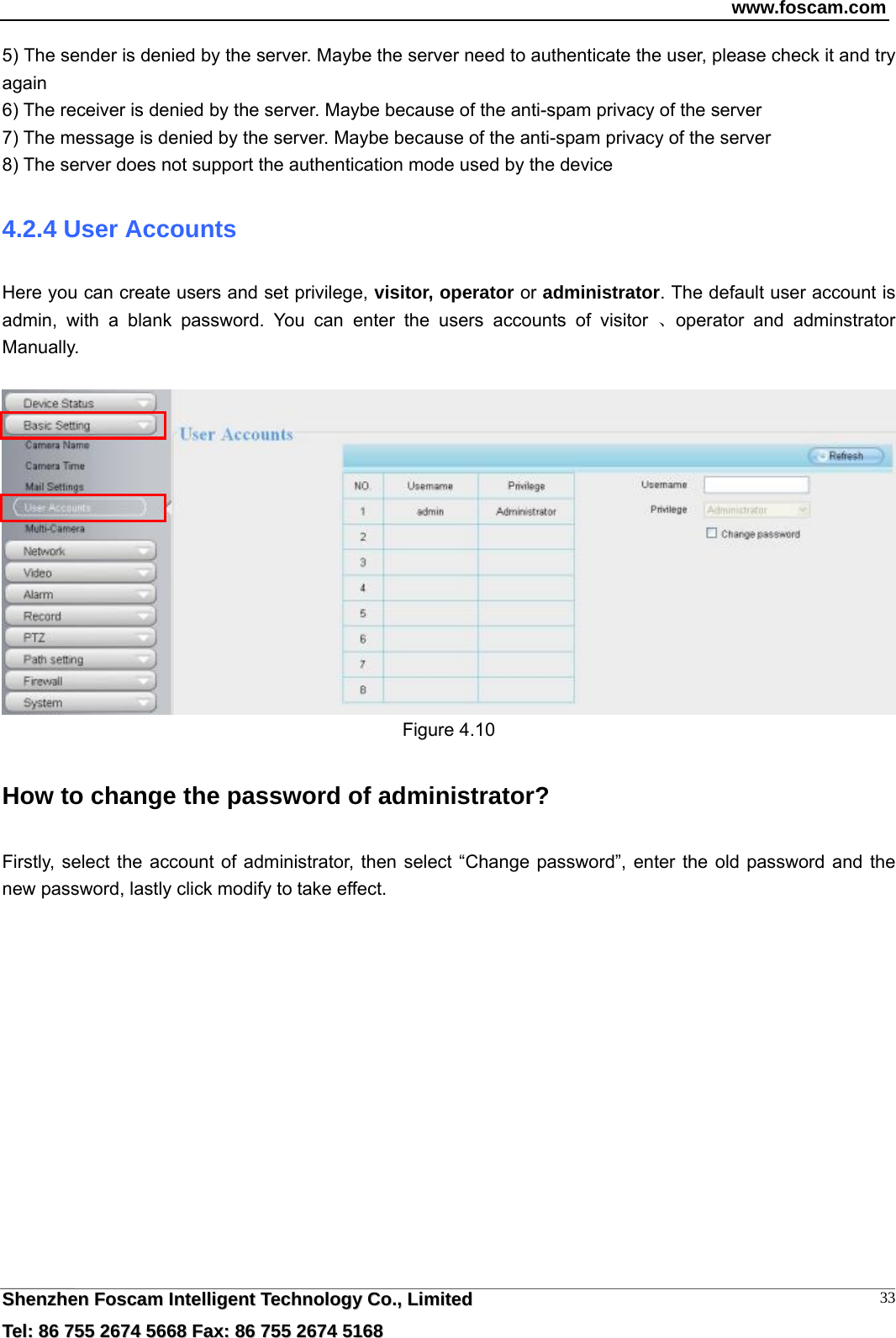www.foscam.com  SShheennzzhheenn  FFoossccaamm  IInntteelllliiggeenntt  TTeecchhnnoollooggyy  CCoo..,,  LLiimmiitteedd  TTeell::  8866  775555  22667744  55666688  FFaaxx::  8866  775555  22667744  55116688 335) The sender is denied by the server. Maybe the server need to authenticate the user, please check it and try again 6) The receiver is denied by the server. Maybe because of the anti-spam privacy of the server 7) The message is denied by the server. Maybe because of the anti-spam privacy of the server 8) The server does not support the authentication mode used by the device 4.2.4 User Accounts Here you can create users and set privilege, visitor, operator or administrator. The default user account is admin, with a blank password. You can enter the users accounts of visitor 、operator and adminstrator Manually.   Figure 4.10 How to change the password of administrator? Firstly, select the account of administrator, then select &ldquo;Change password&rdquo;, enter the old password and the new password, lastly click modify to take effect. 