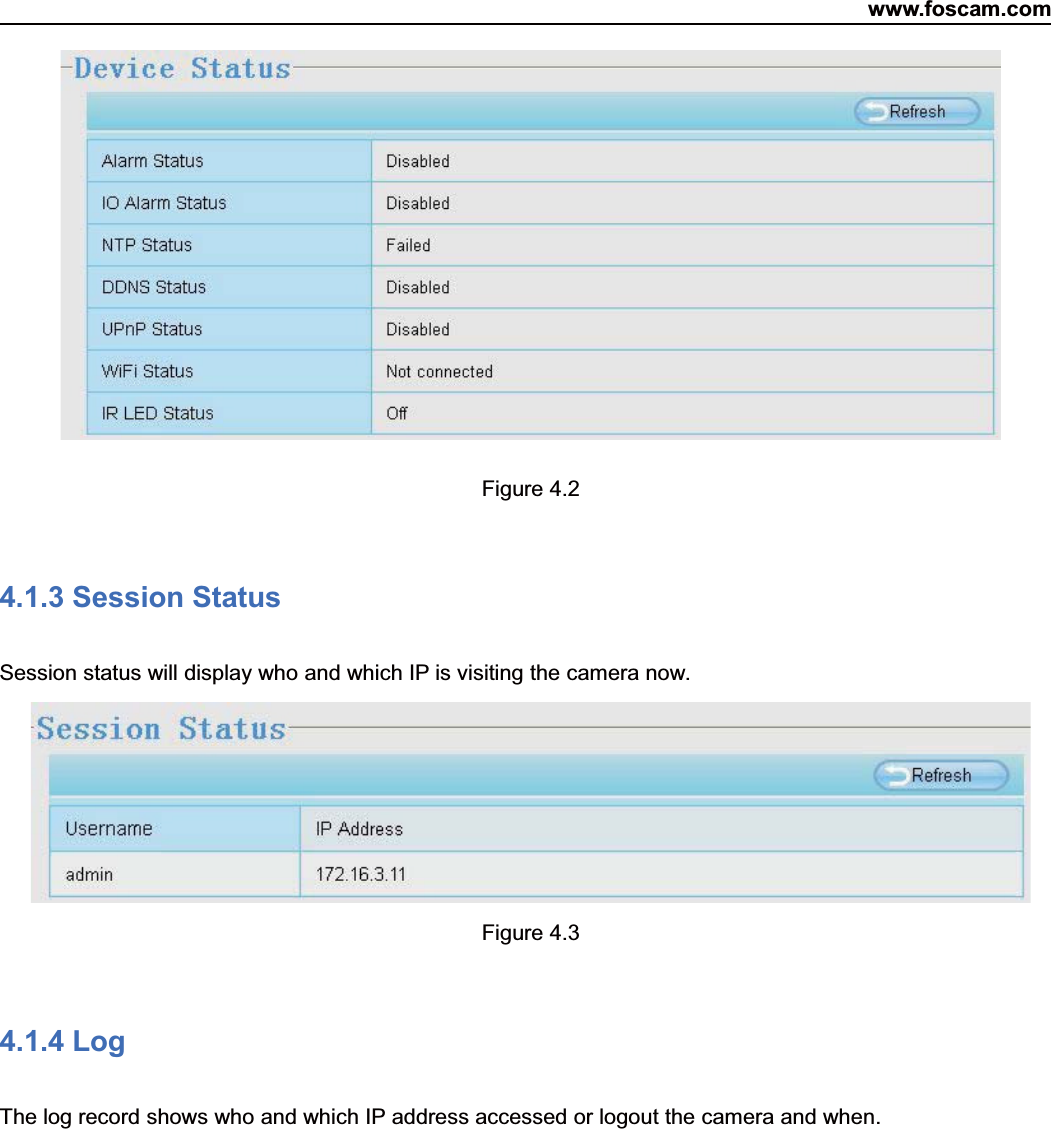 www.foscam.com27ShenzhenShenzhen FoscamFoscam IntelligentIntelligent TechnologyTechnology Co.,Co., LimitedLimitedTel:Tel: 8686 755755 26742674 56685668 Fax:Fax: 8686 755755 26742674 51685168 27Figure 4.24.1.3 Session StatusSession status will display who and which IP is visiting the camera now.Figure 4.34.1.4 LogThe log record shows who and which IP address accessed or logout the camera and when.