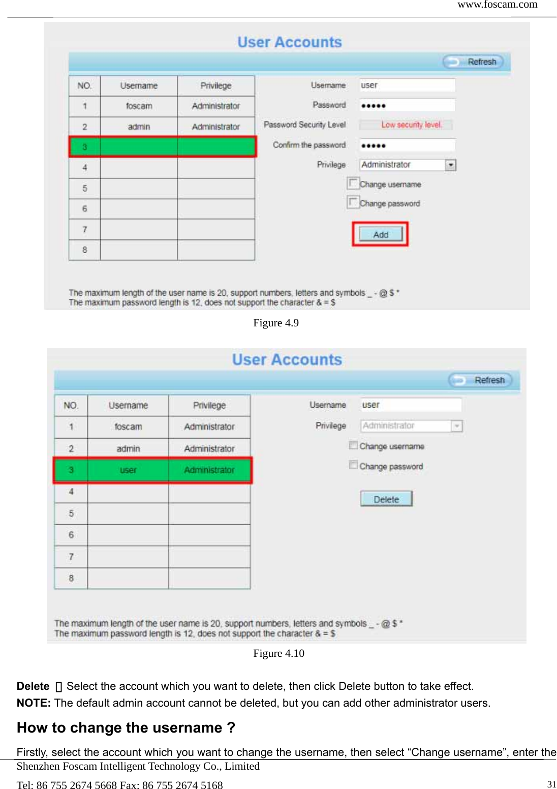  www.foscam.com            Shenzhen Foscam Intelligent Technology Co., Limited Tel: 86 755 2674 5668 Fax: 86 755 2674 5168   31 Figure 4.9    Figure 4.10   Delete  ：Select the account which you want to delete, then click Delete button to take effect. NOTE: The default admin account cannot be deleted, but you can add other administrator users. How to change the username ? Firstly, select the account which you want to change the username, then select &ldquo;Change username&rdquo;, enter the 