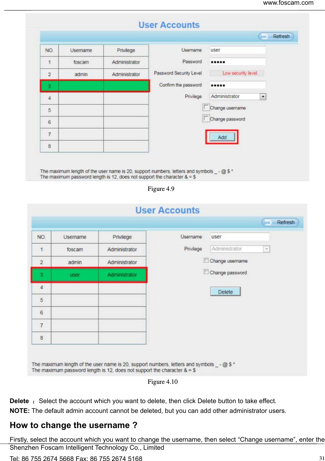  www.foscam.com            Shenzhen Foscam Intelligent Technology Co., Limited Tel: 86 755 2674 5668 Fax: 86 755 2674 5168  31 Figure 4.9    Figure 4.10   Delete  ：Select the account which you want to delete, then click Delete button to take effect. NOTE: The default admin account cannot be deleted, but you can add other administrator users. How to change the username ? Firstly, select the account which you want to change the username, then select &ldquo;Change username&rdquo;, enter the 