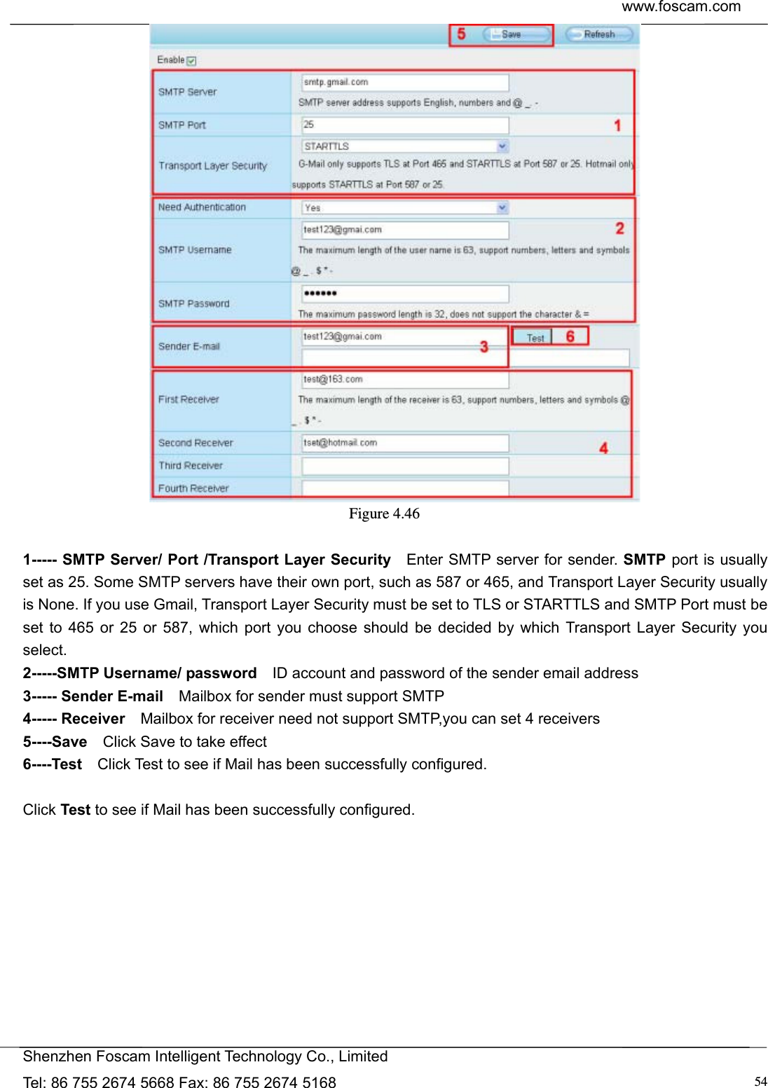  www.foscam.com            Shenzhen Foscam Intelligent Technology Co., Limited Tel: 86 755 2674 5668 Fax: 86 755 2674 5168  54 Figure 4.46   1----- SMTP Server/ Port /Transport Layer Security    Enter SMTP server for sender. SMTP port is usually set as 25. Some SMTP servers have their own port, such as 587 or 465, and Transport Layer Security usually is None. If you use Gmail, Transport Layer Security must be set to TLS or STARTTLS and SMTP Port must be set to 465 or 25 or 587, which port you choose should be decided by which Transport Layer Security you select. 2-----SMTP Username/ password    ID account and password of the sender email address 3----- Sender E-mail    Mailbox for sender must support SMTP 4----- Receiver    Mailbox for receiver need not support SMTP,you can set 4 receivers     5----Save    Click Save to take effect 6----Test    Click Test to see if Mail has been successfully configured.  Click Test to see if Mail has been successfully configured. 