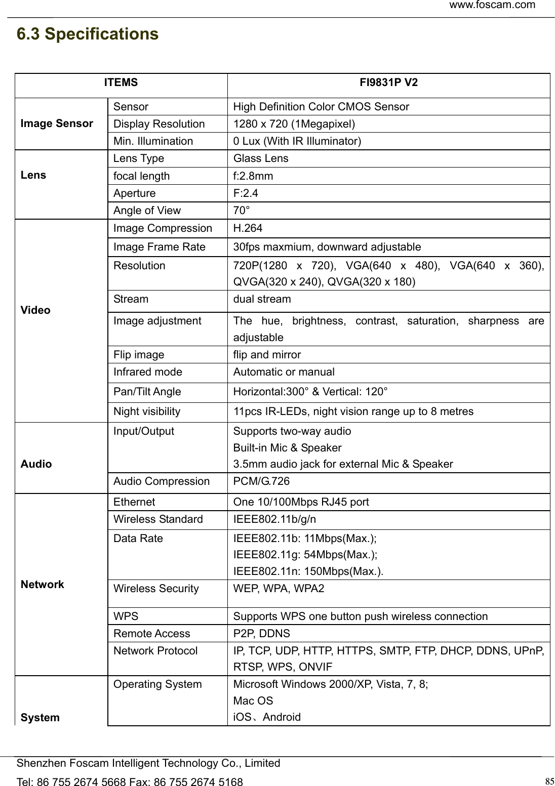  www.foscam.com            Shenzhen Foscam Intelligent Technology Co., Limited Tel: 86 755 2674 5668 Fax: 86 755 2674 5168  856.3 Specifications  ITEMS FI9831P V2  Image Sensor Sensor  High Definition Color CMOS Sensor Display Resolution  1280 x 720 (1Megapixel) Min. Illumination  0 Lux (With IR Illuminator)  Lens Lens Type  Glass Lens focal length  f:2.8mm Aperture F:2.4 Angle of View  70&deg;      Video Image Compression  H.264 Image Frame Rate  30fps maxmium, downward adjustable Resolution  720P(1280 x 720), VGA(640 x 480), VGA(640 x 360), QVGA(320 x 240), QVGA(320 x 180) Stream dual stream Image adjustment  The hue, brightness, contrast, saturation, sharpness are adjustable Flip image  flip and mirror Infrared mode  Automatic or manual Pan/Tilt Angle  Horizontal:300&deg; &amp; Vertical: 120&deg; Night visibility  11pcs IR-LEDs, night vision range up to 8 metres   Audio Input/Output  Supports two-way audio Built-in Mic &amp; Speaker 3.5mm audio jack for external Mic &amp; Speaker Audio Compression  PCM/G.726      Network Ethernet  One 10/100Mbps RJ45 port Wireless Standard  IEEE802.11b/g/n Data Rate  IEEE802.11b: 11Mbps(Max.); IEEE802.11g: 54Mbps(Max.); IEEE802.11n: 150Mbps(Max.). Wireless Security  WEP, WPA, WPA2 WPS  Supports WPS one button push wireless connection Remote Access  P2P, DDNS Network Protocol  IP, TCP, UDP, HTTP, HTTPS, SMTP, FTP, DHCP, DDNS, UPnP, RTSP, WPS, ONVIF   System Operating System  Microsoft Windows 2000/XP, Vista, 7, 8; Mac OS iOS、Android 