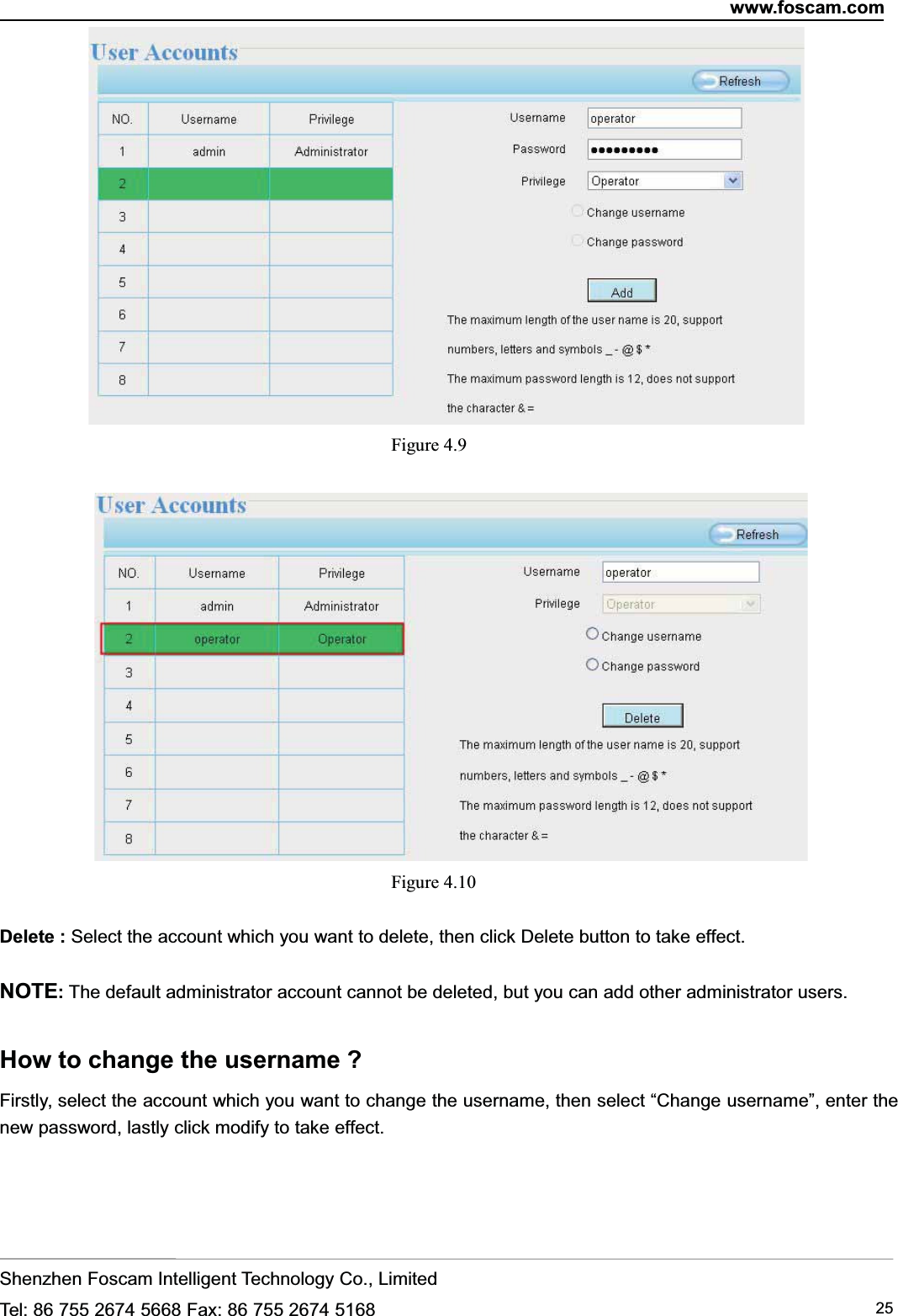 www.foscam.comShenzhen Foscam Intelligent Technology Co., LimitedTel: 86 755 2674 5668 Fax: 86 755 2674 5168 25Figure 4.9Figure 4.10Delete : Select the account which you want to delete, then click Delete button to take effect.NOTE:The default administrator account cannot be deleted, but you can add other administrator users.How to change the username ?Firstly, select the account which you want to change the username, then select &ldquo;Change username&rdquo;, enter thenew password, lastly click modify to take effect.