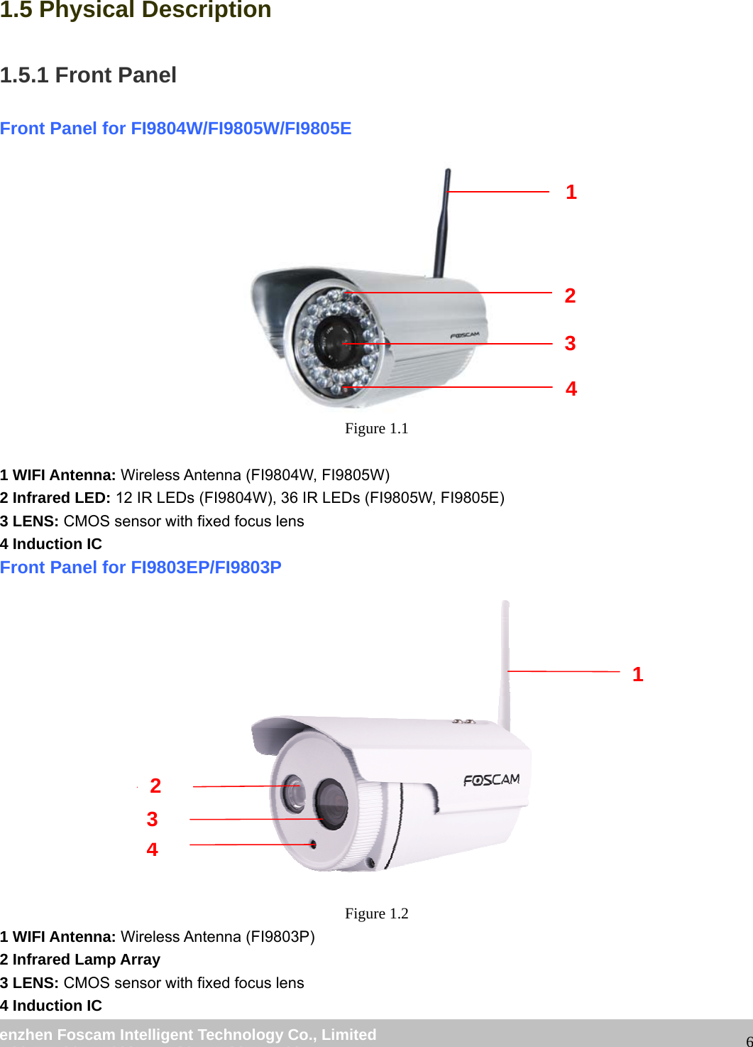                                                        wwwwww..ffoossccaamm..ccoomm  SShheennzzhheenn  FFoossccaamm  IInntteelllliiggeenntt  TTeecchhnnoollooggyy  CCoo..,,  LLiimmiitteedd  TTeell::  8866  775555  22667744  55666688  FFaaxx::  8866  775555  22667744  55116688                                                                                                                   6 1.5 Physical Description 1.5.1 Front Panel Front Panel for FI9804W/FI9805W/FI9805E           Figure 1.1  1 WIFI Antenna: Wireless Antenna (FI9804W, FI9805W) 2 Infrared LED: 12 IR LEDs (FI9804W), 36 IR LEDs (FI9805W, FI9805E) 3 LENS: CMOS sensor with fixed focus lens 4 Induction IC Front Panel for FI9803EP/FI9803P            Figure 1.2 1 WIFI Antenna: Wireless Antenna (FI9803P) 2 Infrared Lamp Array 3 LENS: CMOS sensor with fixed focus lens   4 Induction IC 2 3 4 1 1 43 2