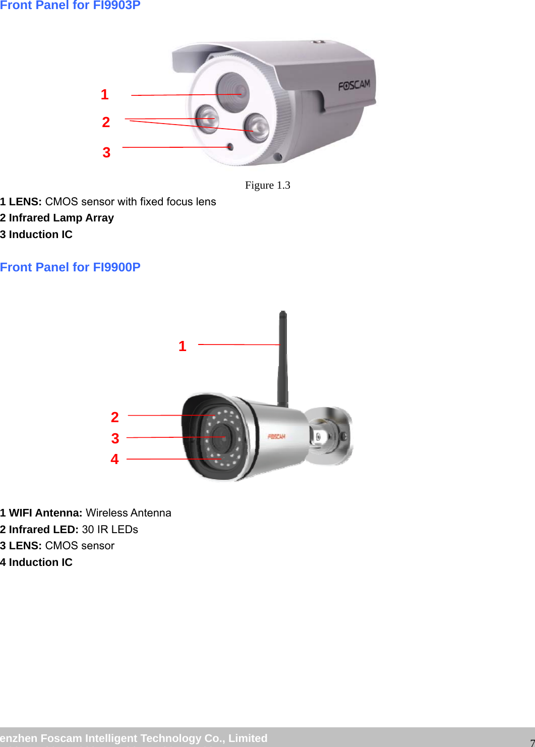                                                         wwwwww..ffoossccaamm..ccoomm  SShheennzzhheenn  FFoossccaamm  IInntteelllliiggeenntt  TTeecchhnnoollooggyy  CCoo..,,  LLiimmiitteedd  TTeell::  8866  775555  22667744  55666688  FFaaxx::  8866  775555  22667744  55116688                                                                                                                   7  Front Panel for FI9903P             Figure 1.3 1 LENS: CMOS sensor with fixed focus lens 2 Infrared Lamp Array  3 Induction IC  Front Panel for FI9900P    1 WIFI Antenna: Wireless Antenna 2 Infrared LED: 30 IR LEDs   3 LENS: CMOS sensor   4 Induction IC 3 2 11 4 3 2 