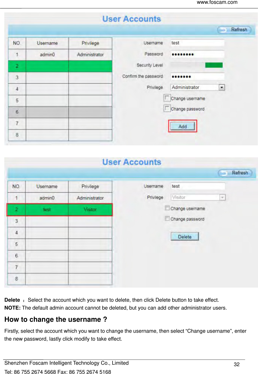     www.foscam.com              Shenzhen Foscam Intelligent Technology Co., Limited Tel: 86 755 2674 5668 Fax: 86 755 2674 5168  32    Delete  ：Select the account which you want to delete, then click Delete button to take effect. NOTE: The default admin account cannot be deleted, but you can add other administrator users. How to change the username ? Firstly, select the account which you want to change the username, then select &ldquo;Change username&rdquo;, enter the new password, lastly click modify to take effect.  