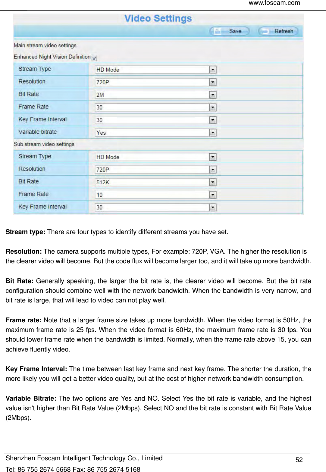     www.foscam.com              Shenzhen Foscam Intelligent Technology Co., Limited Tel: 86 755 2674 5668 Fax: 86 755 2674 5168  52  Stream type: There are four types to identify different streams you have set.  Resolution: The camera supports multiple types, For example: 720P, VGA. The higher the resolution is the clearer video will become. But the code flux will become larger too, and it will take up more bandwidth.  Bit Rate: Generally speaking, the larger the bit rate is, the clearer video will become. But the bit rate configuration should combine well with the network bandwidth. When the bandwidth is very narrow, and bit rate is large, that will lead to video can not play well.    Frame rate: Note that a larger frame size takes up more bandwidth. When the video format is 50Hz, the maximum frame rate is 25 fps. When the video format is 60Hz, the maximum frame rate is 30 fps. You should lower frame rate when the bandwidth is limited. Normally, when the frame rate above 15, you can achieve fluently video.  Key Frame Interval: The time between last key frame and next key frame. The shorter the duration, the more likely you will get a better video quality, but at the cost of higher network bandwidth consumption.  Variable Bitrate: The two options are Yes and NO. Select Yes the bit rate is variable, and the highest value isn't higher than Bit Rate Value (2Mbps). Select NO and the bit rate is constant with Bit Rate Value (2Mbps). 