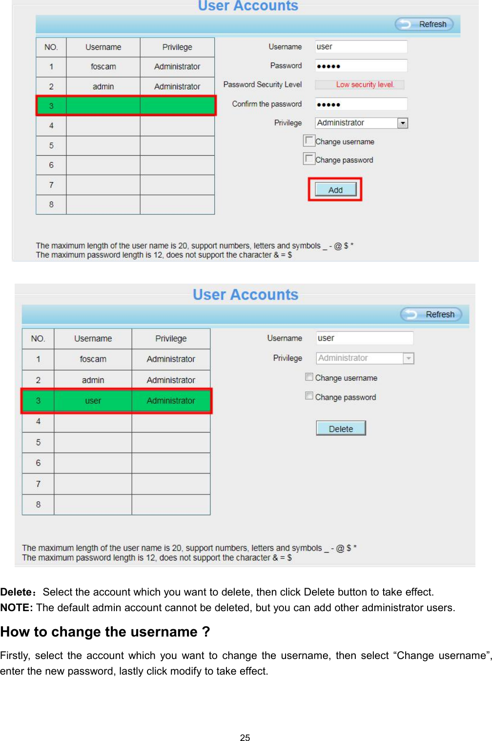 25Delete：Select the account which you want to delete, then click Delete button to take effect.NOTE: The default admin account cannot be deleted, but you can add other administrator users.How to change the username ?Firstly, select the account which you want to change the username, then select &ldquo;Change username&rdquo;,enter the new password, lastly click modify to take effect.