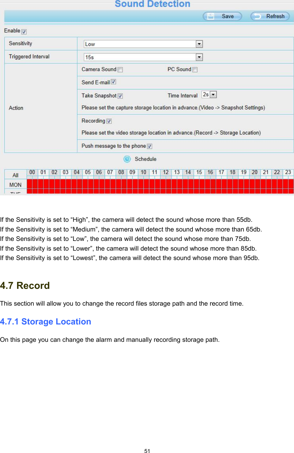 51If the Sensitivity is set to &ldquo;High&rdquo;, the camera will detect the sound whose more than 55db.If the Sensitivity is set to &ldquo;Medium&rdquo;, the camera will detect the sound whose more than 65db.If the Sensitivity is set to &ldquo;Low&rdquo;, the camera will detect the sound whose more than 75db.If the Sensitivity is set to &ldquo;Lower&rdquo;, the camera will detect the sound whose more than 85db.If the Sensitivity is set to &ldquo;Lowest&rdquo;, the camera will detect the sound whose more than 95db.4.7 RecordThis section will allow you to change the record files storage path and the record time.4.7.1 Storage LocationOn this page you can change the alarm and manually recording storage path.