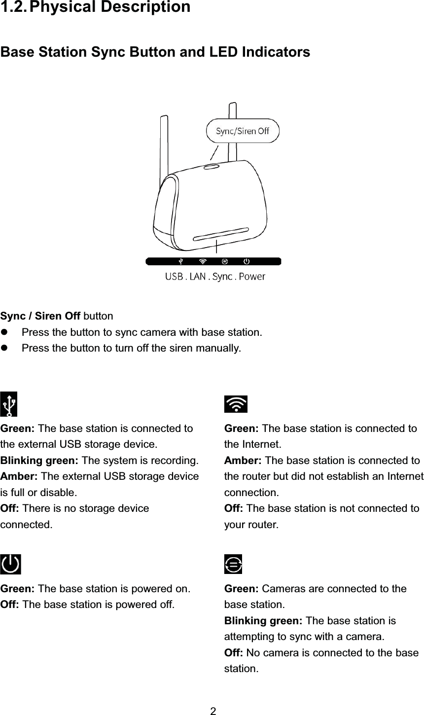 3K\VLFDO 'HVFULSWLRQ%DVH 6WDWLRQ 6\QF %XWWRQ DQG /(' ,QGLFDWRUV6\QF  6LUHQ 2II EXWWRQz3UHVV WKH EXWWRQ WR V\QF FDPHUD ZLWK EDVH VWDWLRQz3UHVV WKH EXWWRQ WR WXUQ RII WKH VLUHQ PDQXDOO\*UHHQ 7KH EDVH VWDWLRQ LV FRQQHFWHG WRWKH H[WHUQDO 86% VWRUDJH GHYLFH%OLQNLQJ JUHHQ 7KH V\VWHP LV UHFRUGLQJ$PEHU 7KH H[WHUQDO 86% VWRUDJH GHYLFHLV IXOO RU GLVDEOH2II 7KHUH LV QR VWRUDJH GHYLFHFRQQHFWHG*UHHQ 7KH EDVH VWDWLRQ LV SRZHUHG RQ2II 7KH EDVH VWDWLRQ LV SRZHUHG RII*UHHQ 7KH EDVH VWDWLRQ LV FRQQHFWHG WRWKH ,QWHUQHW$PEHU 7KH EDVH VWDWLRQ LV FRQQHFWHG WRWKH URXWHU EXW GLG QRW HVWDEOLVK DQ ,QWHUQHWFRQQHFWLRQ2II 7KH EDVH VWDWLRQ LV QRW FRQQHFWHG WR\RXU URXWHU*UHHQ &amp;DPHUDV DUH FRQQHFWHG WR WKHEDVH VWDWLRQ%OLQNLQJ JUHHQ 7KH EDVH VWDWLRQ LVDWWHPSWLQJ WR V\QF ZLWK D FDPHUD2II 1R FDPHUD LV FRQQHFWHG WR WKH EDVHVWDWLRQ