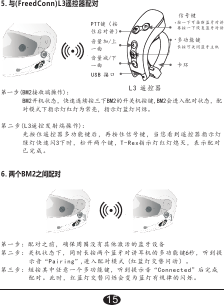 5. 与(FreedConn)L3遥控器配对第一步(BM2接收端操作)：BM2开机状态，快速连续按三下BM2的开关机按键,BM2会进入配对状态，配对模式下指示灯红灯为常亮，指示灯蓝灯闪烁。第二步(L 3遥控发射端操作)：先按住遥控器多功能键后，再按住信号键，当您看到遥控器指示灯绿灯快速 闪3下 时 ，松开两个键，T-Rex指示灯红灯熄灭，表示配对已完成。6. 两个BM2之间配对第一步：第二步：关机状态下，同时长按两个蓝牙对讲耳机的多功能键6秒，听到提示音“Pairing”,进入配 对 模 式 (红蓝灯交替闪动 ） 。第三步：短按其中任意一个多功能键，听到提示音“Connected”后完成配对。此 时 ， 红蓝灯交替闪烁 会 变 为蓝灯有规律的 闪 烁 。配对之前 ， 确 保周围没有其他 激 活 的蓝牙设备PT T键（按住后对讲）音量 加/上一曲音量 减/下一曲信号键按一 下 可挂 断蓝牙 对讲再按 一 下恢 复蓝牙 对讲长按可关闭蓝牙主机多功 能 键卡环L3 遥控器15