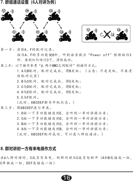 7. 群组通话设置（6人对讲为例）第一步： 清 除A、F的 配对记录。按住A、F的多功 能 键8秒 ，听到语音提示 “Power off”继续按住3秒，看到红灯快闪3下，清除成功。第二步：以下操作参考“6.两个BM2之间配对”的操作方式。1.A与B配对，配 对 完 成后，将B关机；（注意：只是关机，不要清除配对记 录 ）2.B与C配对，配 对 完 成后，将C关机；3.C与D配对，配 对 完 成后，将D关机；4.D与E配对，配 对 完 成后，将E关机；5.E与F配对。（此时，ABCDEF都为开机状态。）第三步：将ABCDEF进行串连。1.D按一下多 功 能 键连到E，会听到一串对讲提示音；2.C按一下多 功 能 键连到D，会听到一串对讲提示音；3.B按一下多 功 能 键连到C，会听到一串对讲提示音；4.A按一下多 功 能 键连到B，会听到一串对讲提示音；（此时，ABCDEF配对成功，可以进入群组通话。）8. 群对讲时一方有来电操作方式在 人群对讲 时 ， 成 员有来电，则群 对 讲 从 成员处断开（ 和 连接 成 一 组，C单独成一组，DEF连接成一组）6 C C A B16